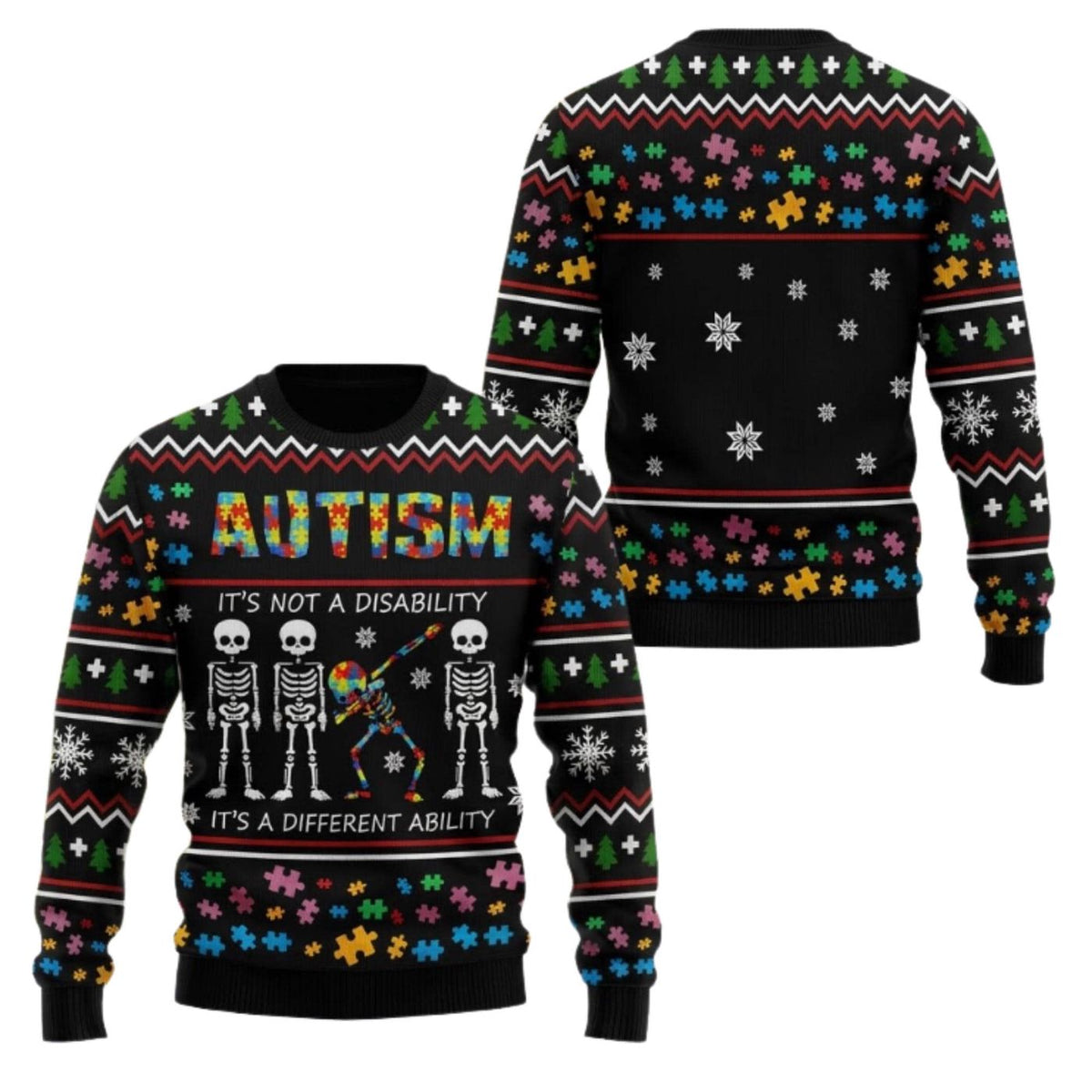 Autism Skeleton Christmas Sweater Different Ability Ugly Jumper Unisex