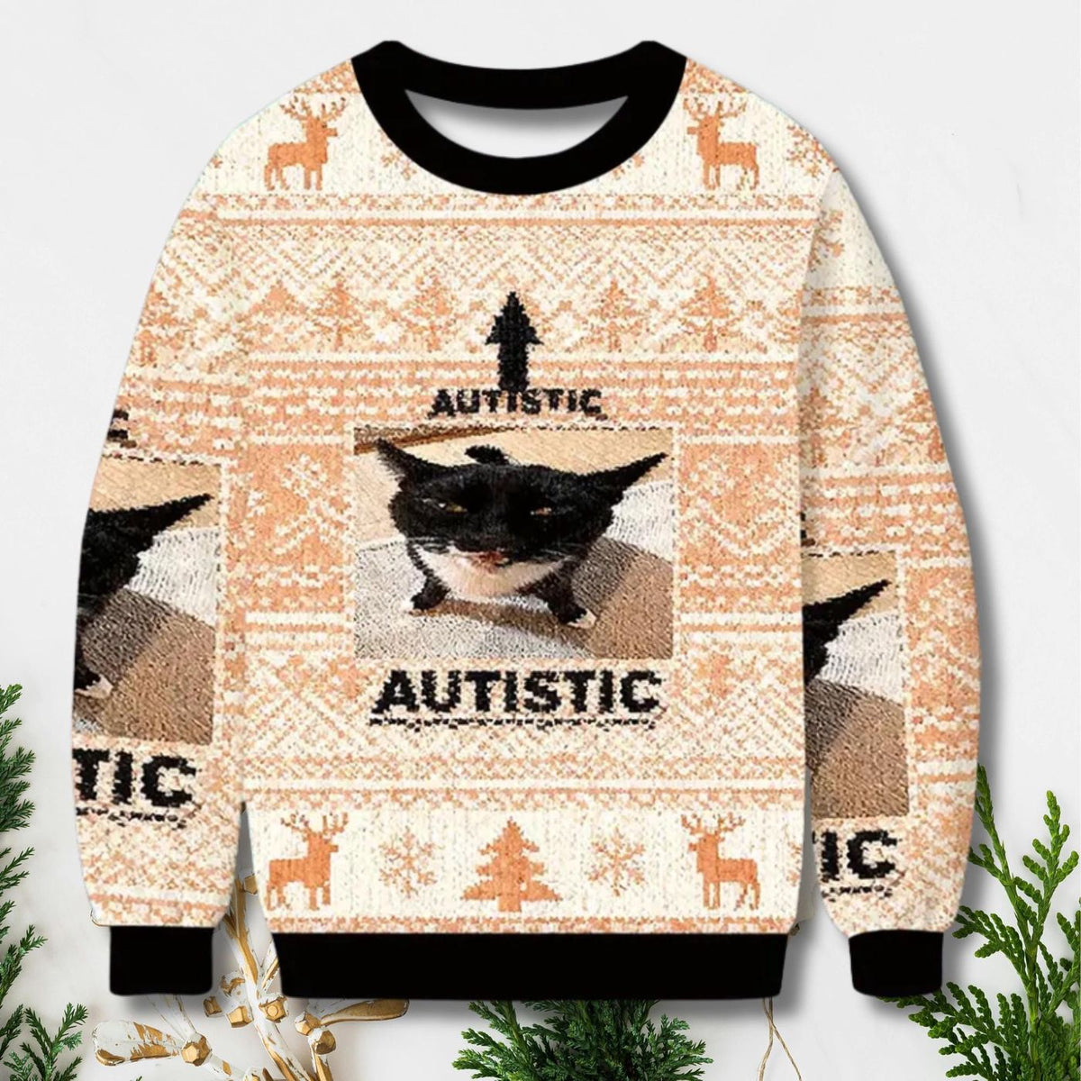 Autism Pride Cat Christmas Sweater Beige Reindeer Tree Unisex Jumper