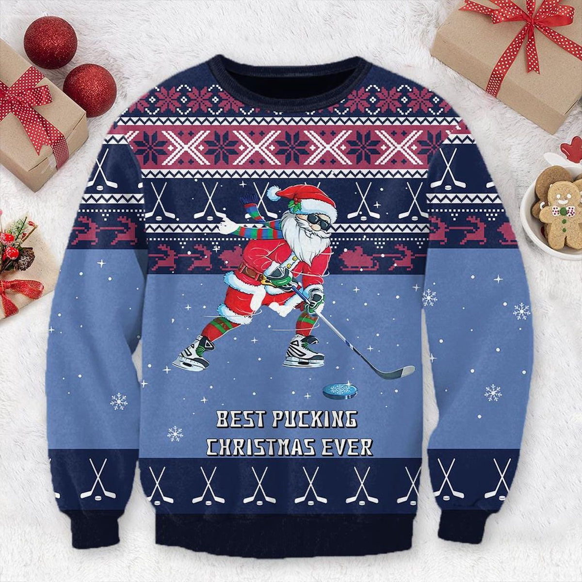 Pucking Christmas Santa Ugly Hockey Sweater Player Pullover Gift