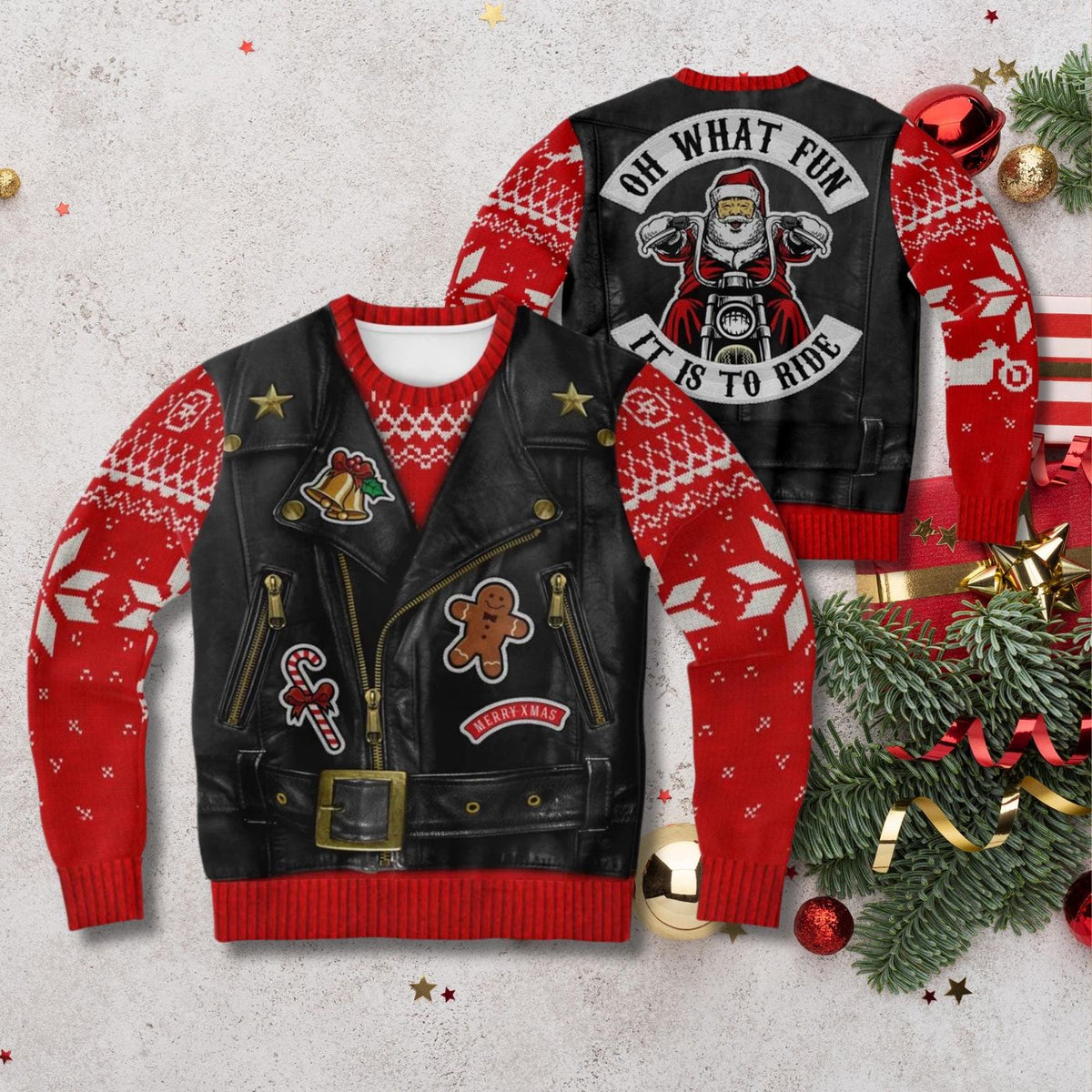 Biker Santa Ugly Christmas Sweater Motorcycle Rider Holiday Pullover