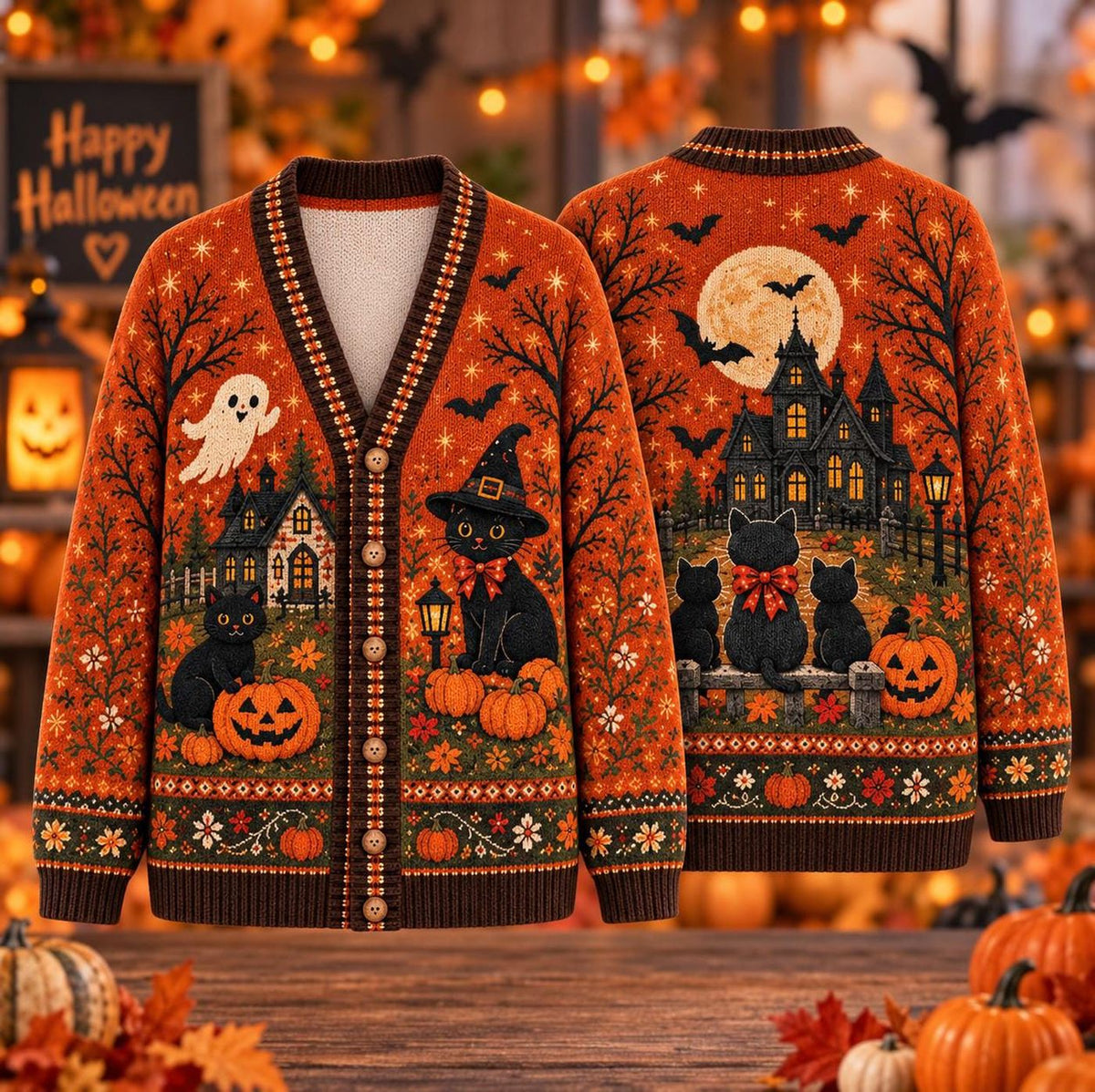 Black Cat Halloween Cardigan, Pumpkin Witch Sweater, Cozy Spooky Gift For Men Women