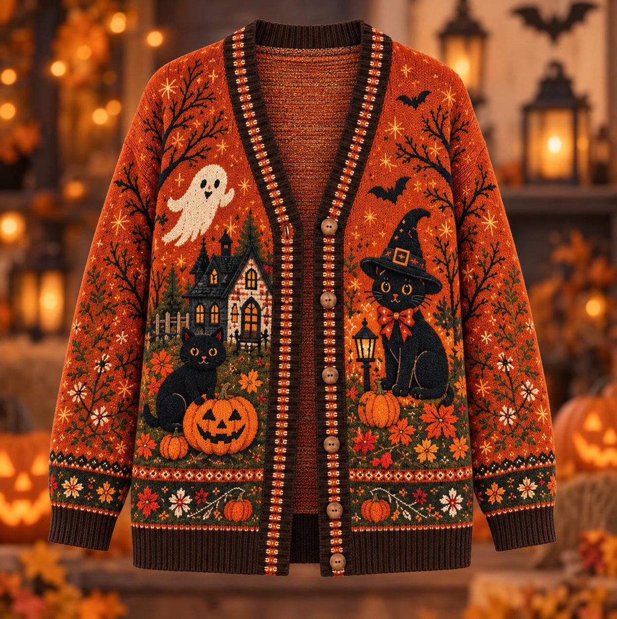Black Cat Halloween Cardigan, Pumpkin Witch Sweater, Cozy Spooky Gift For Men Women