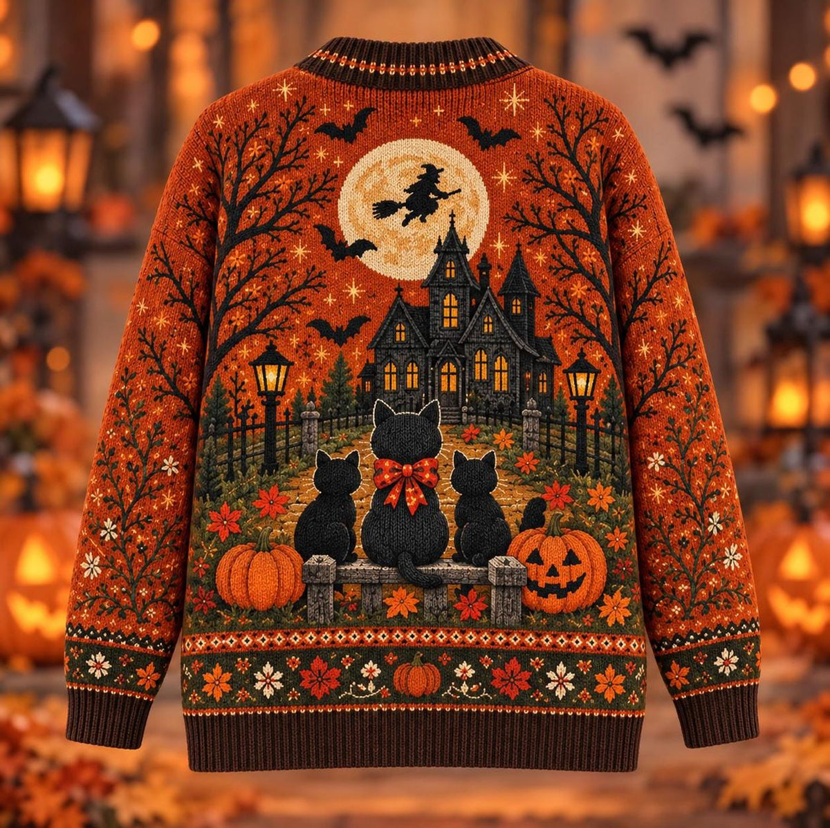 Black Cat Halloween Cardigan, Pumpkin Witch Sweater, Cozy Spooky Gift For Men Women