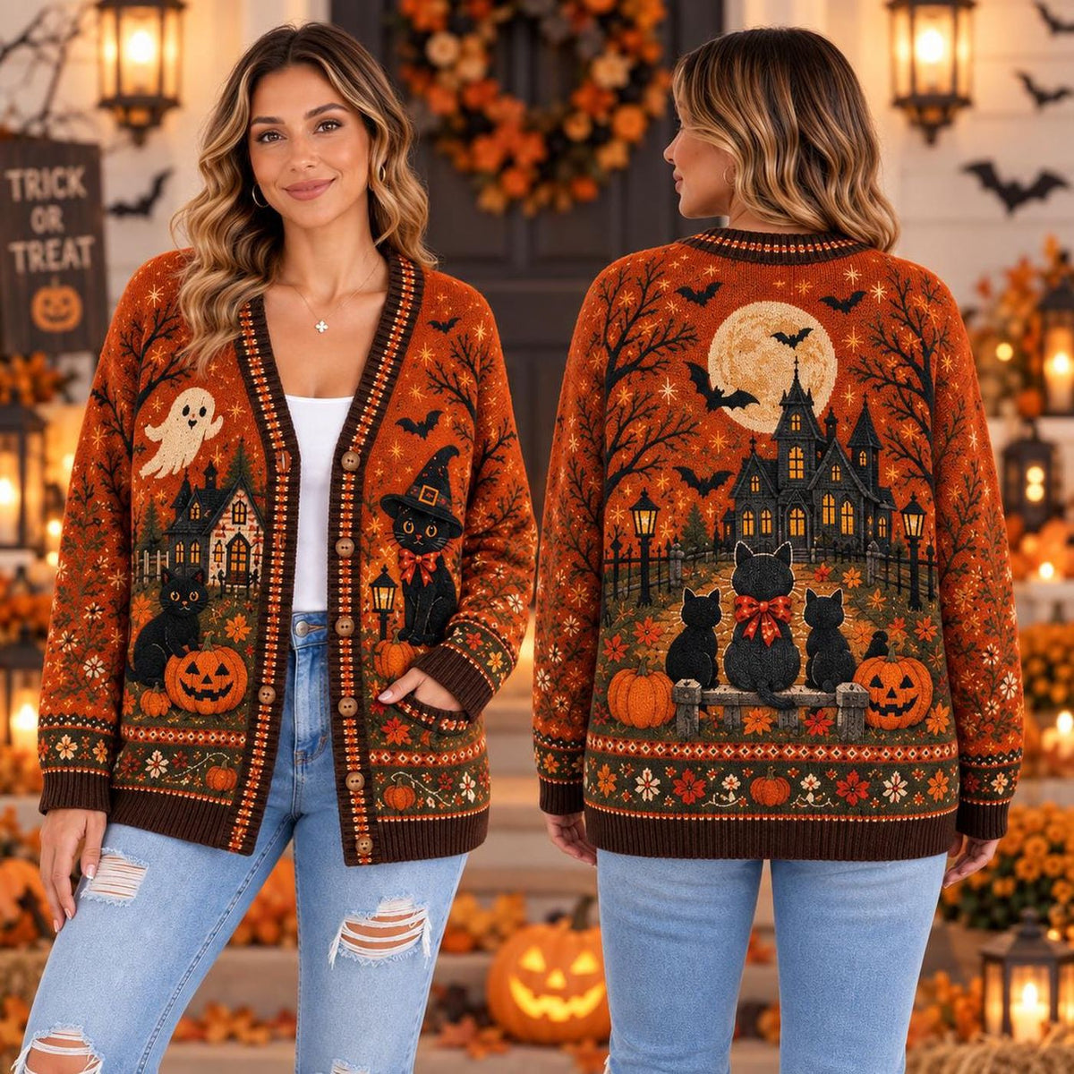 Black Cat Halloween Cardigan, Pumpkin Witch Sweater, Cozy Spooky Gift For Men Women