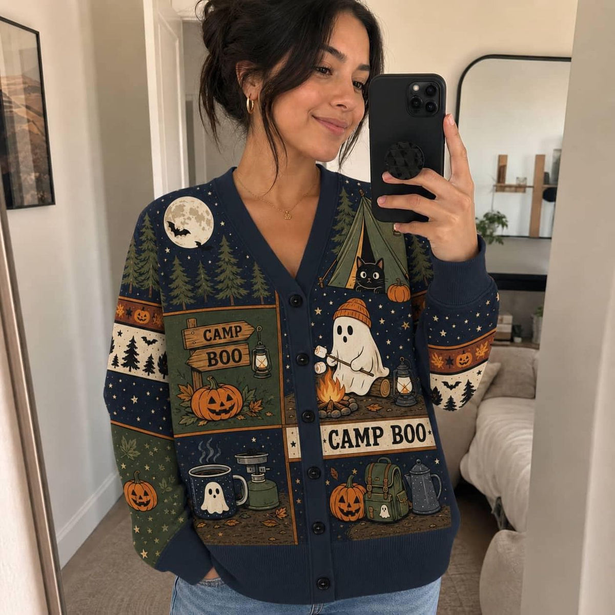 Black Halloween Camping Cardigan: Ghost, Pumpkin and Campfire Knit Sweater