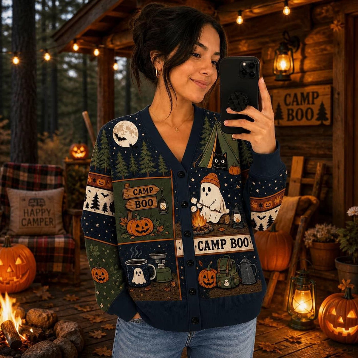 Black Halloween Camping Cardigan: Ghost, Pumpkin and Campfire Knit Sweater