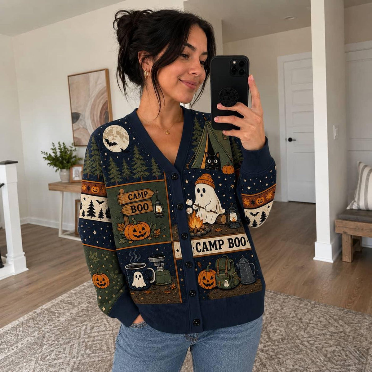 Black Halloween Camping Cardigan: Ghost, Pumpkin and Campfire Knit Sweater