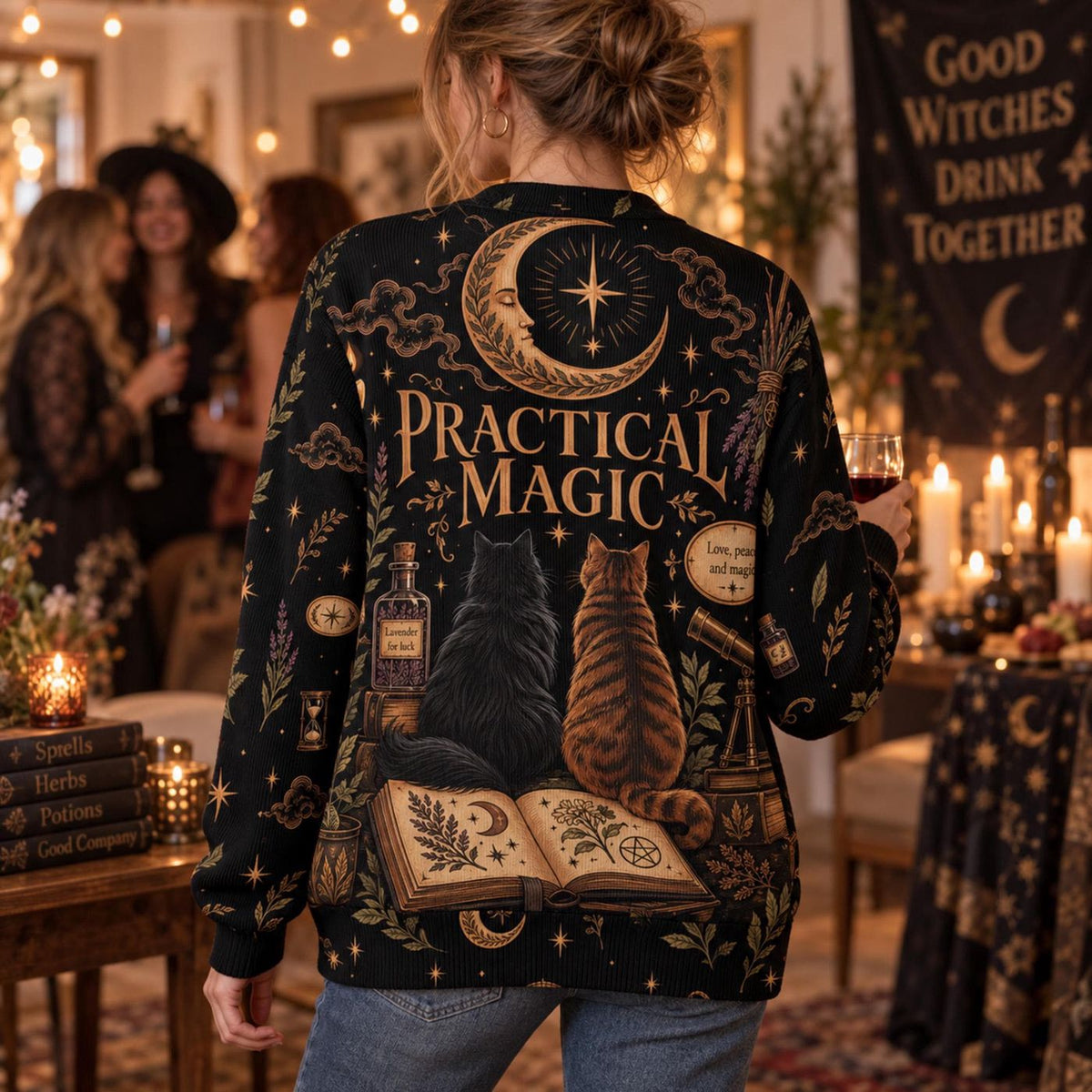 Black Witchy Cardigan: Celestial Moon, Cats and Botanical Knit Sweater