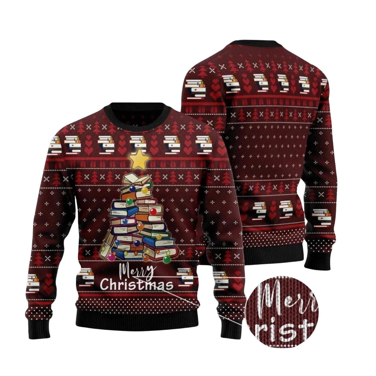 Book Lover Christmas Sweater, Library Book Tree Ugly Xmas Pullover for Men and Women