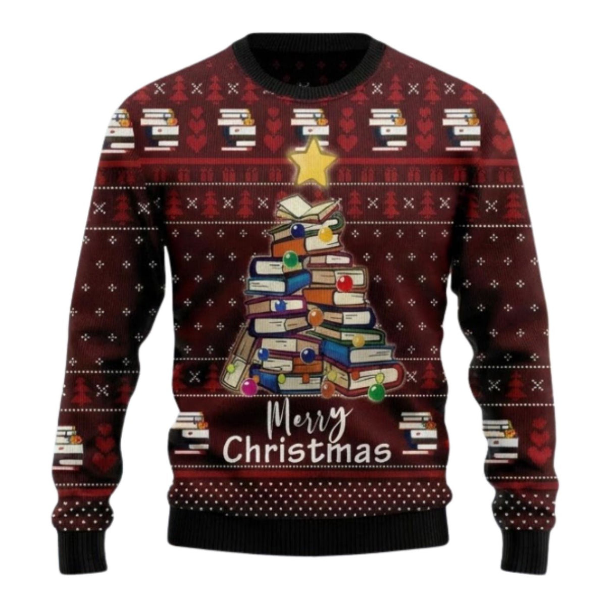 Book Lover Christmas Sweater, Library Book Tree Ugly Xmas Pullover for Men and Women