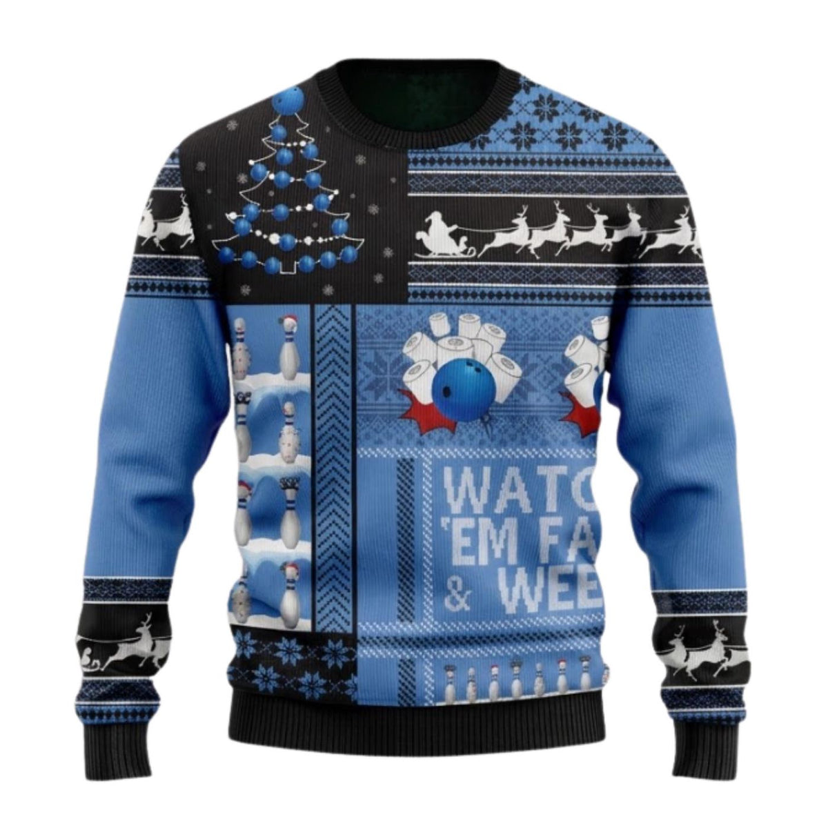 Bowling Ugly Christmas Sweater, Blue Unisex Knit Pullover, Funny Gift for Bowling Lovers