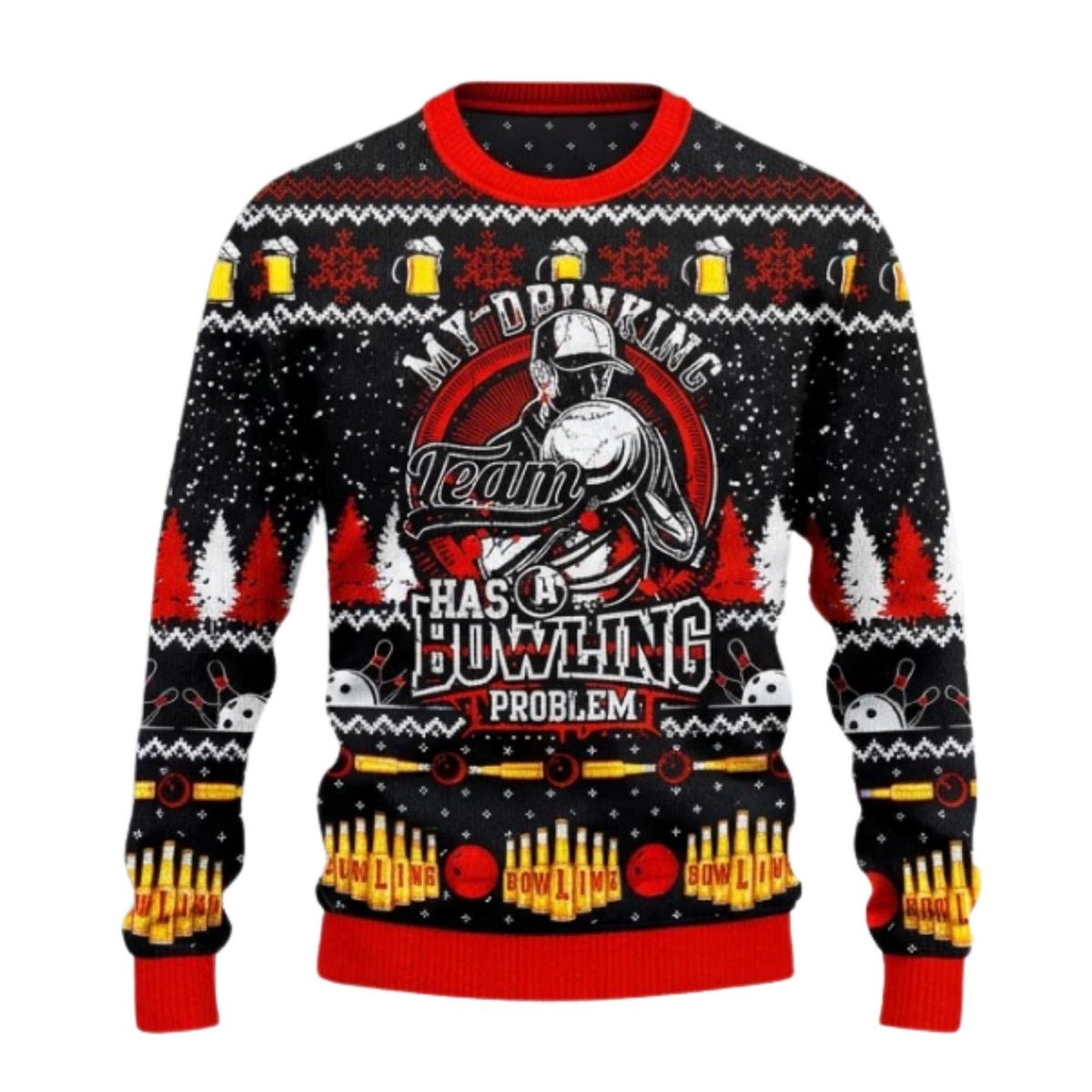 Bowling Ugly Christmas Sweater, Funny Drinking Team Knitted Pullover, Unisex Bowler Gift