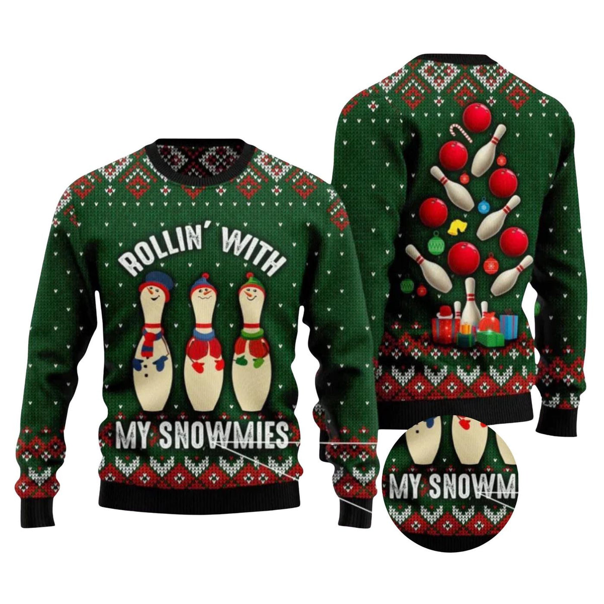 Bowling Ugly Christmas Sweater, Rollin' With My Snowmies, Funny Unisex Knit Pullover