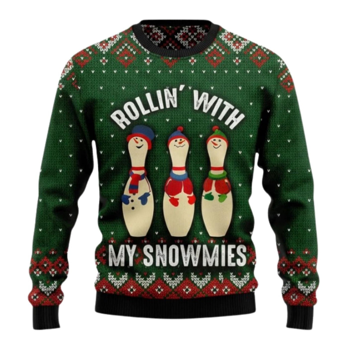 Bowling Ugly Christmas Sweater, Rollin' With My Snowmies, Funny Unisex Knit Pullover