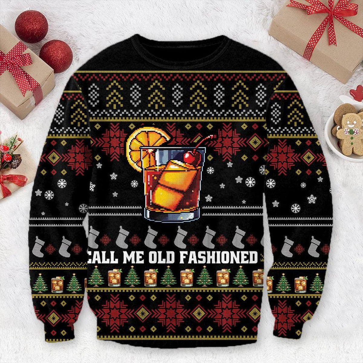 Old Fashioned Christmas Ugly Sweater Whiskey Sweatshirt Bourbon Lover Gift