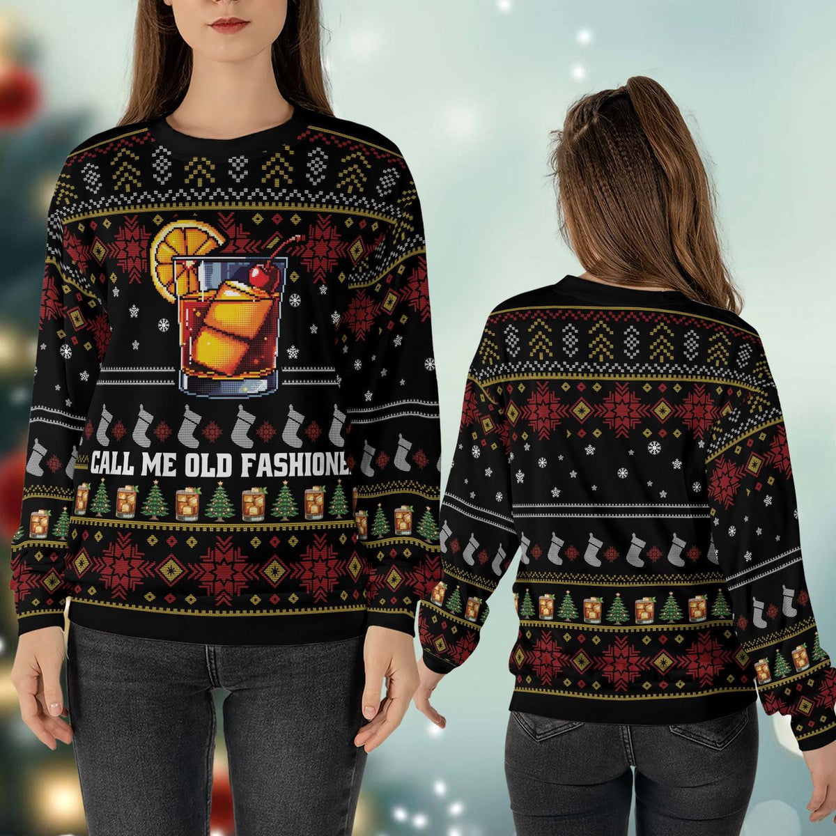 Old Fashioned Christmas Ugly Sweater Whiskey Sweatshirt Bourbon Lover Gift