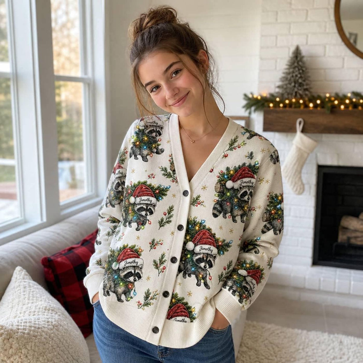 Cardigan Sweater Christmas Raccoon Holiday Light Pattern Button Up Winter Top