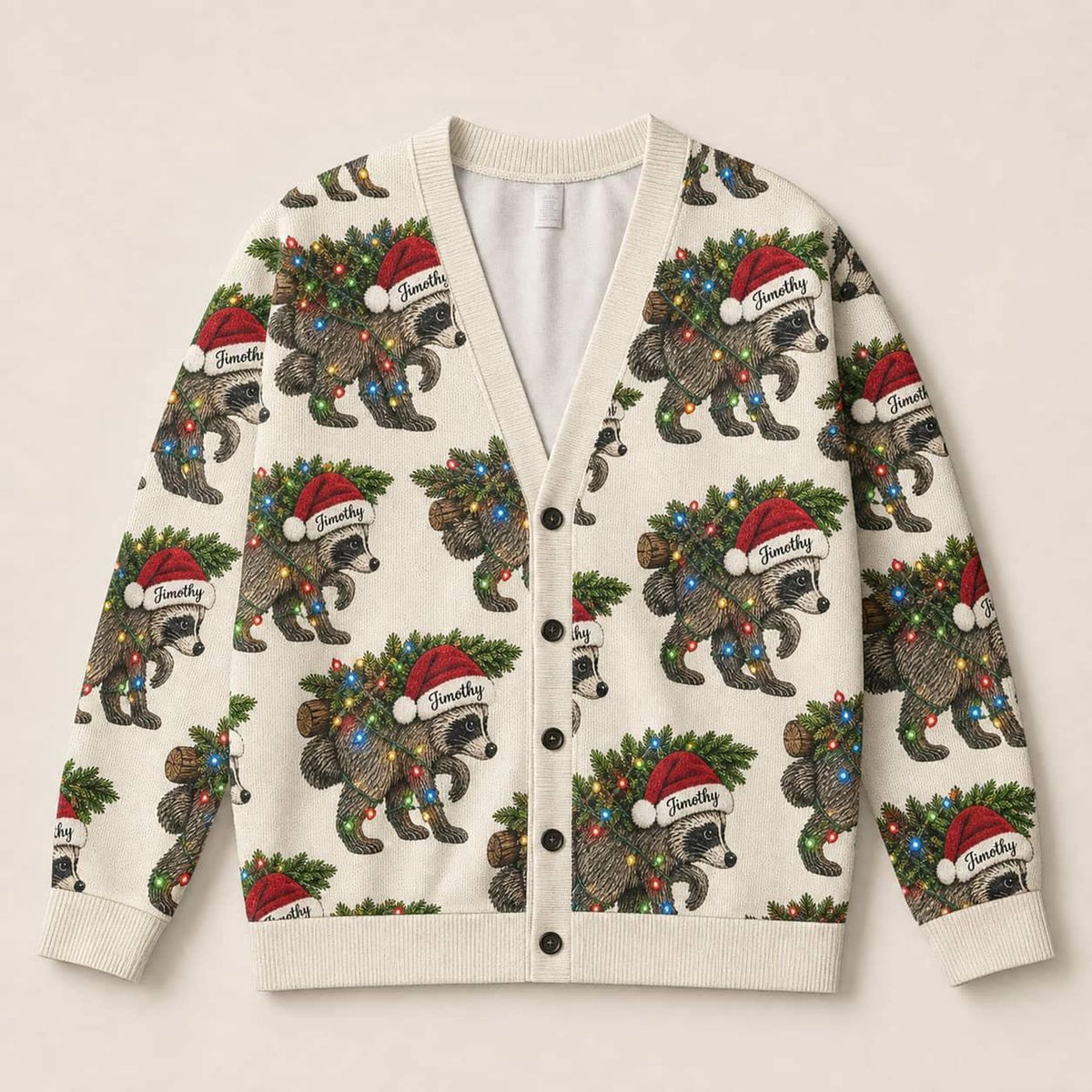 Cardigan Sweater Christmas Raccoon Holiday Light Pattern Button Up Winter Top