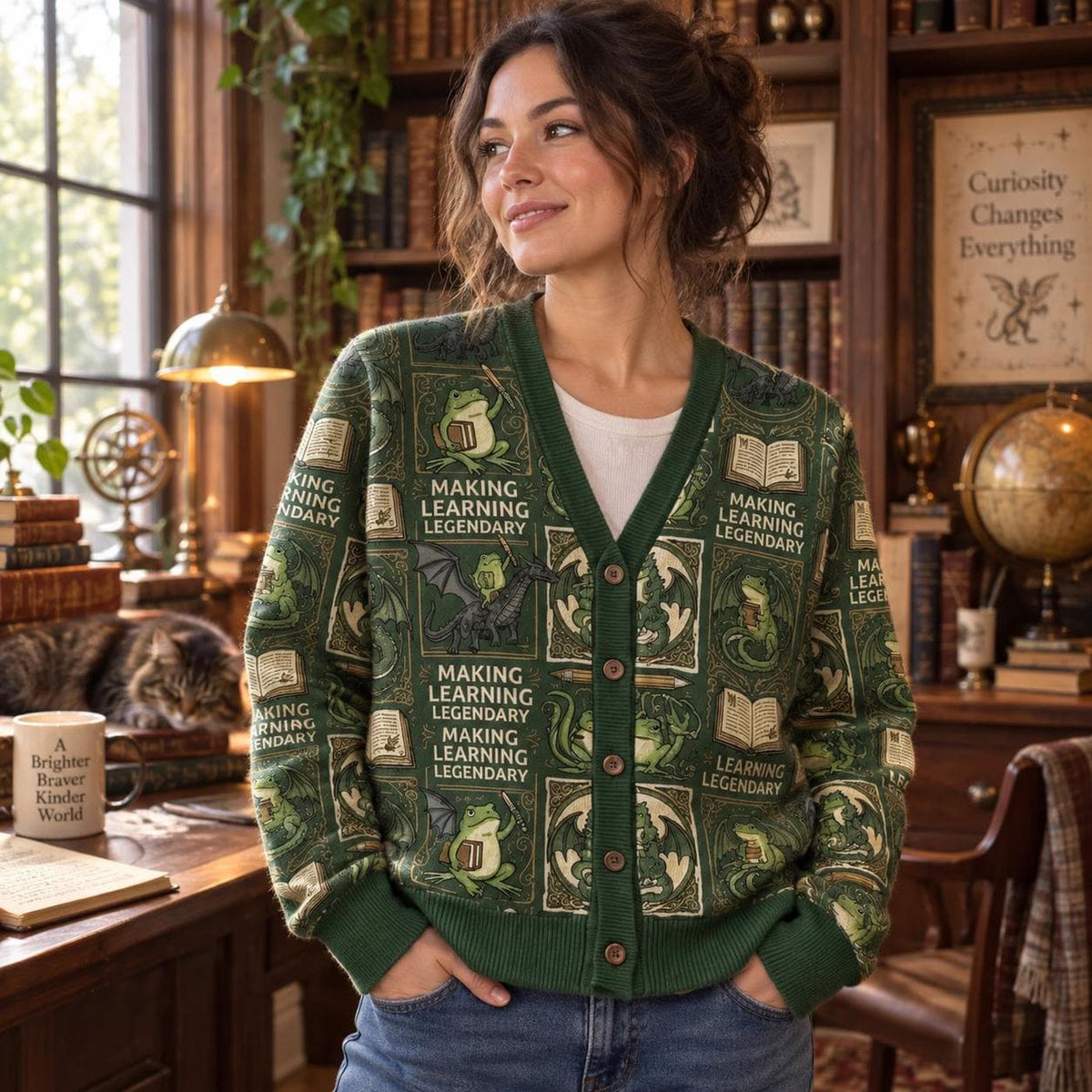 Cardigan sweater green print frog dragon book fantasy dark academia button down