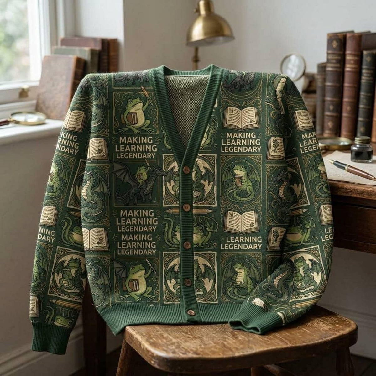 Cardigan sweater green print frog dragon book fantasy dark academia button down