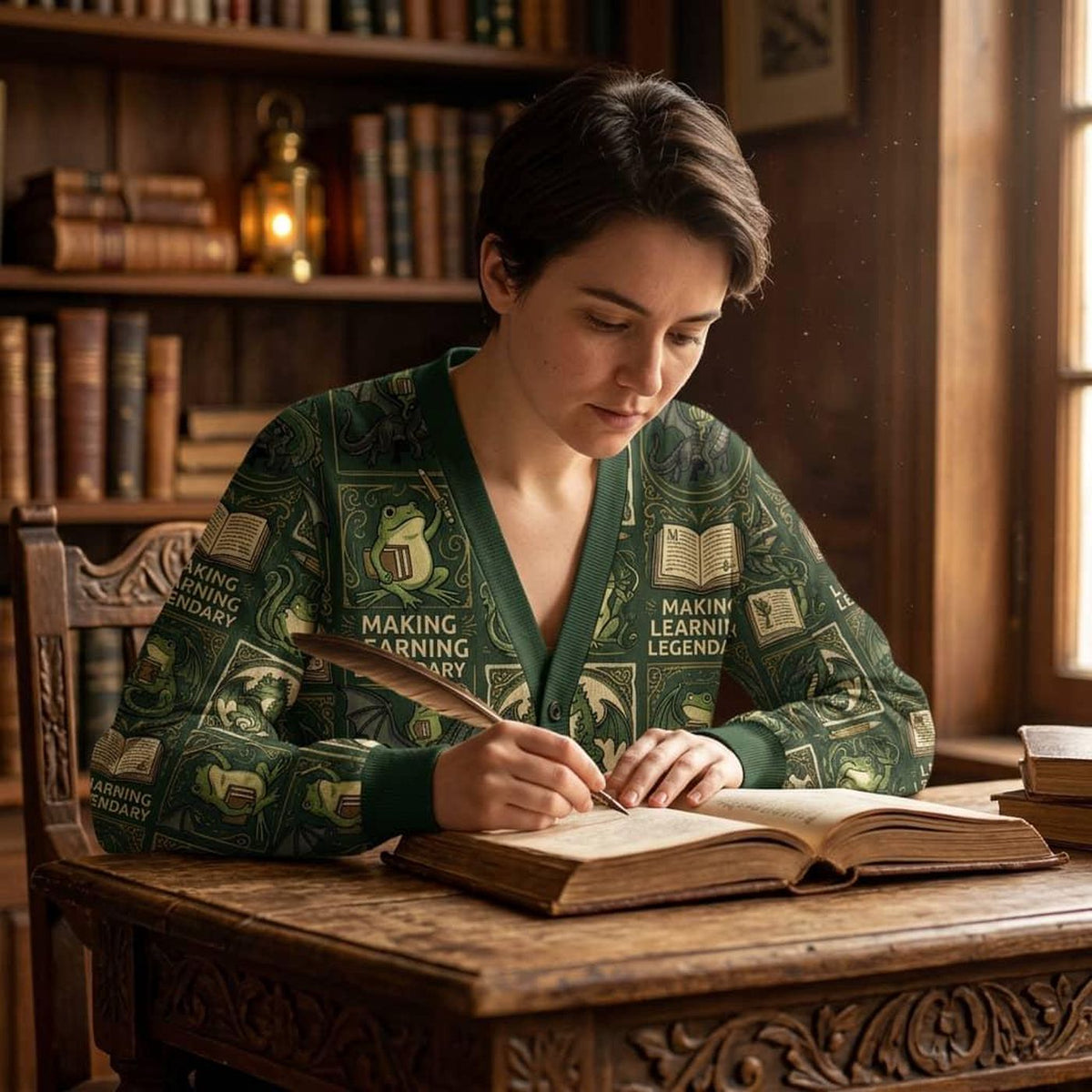 Cardigan sweater green print frog dragon book fantasy dark academia button down