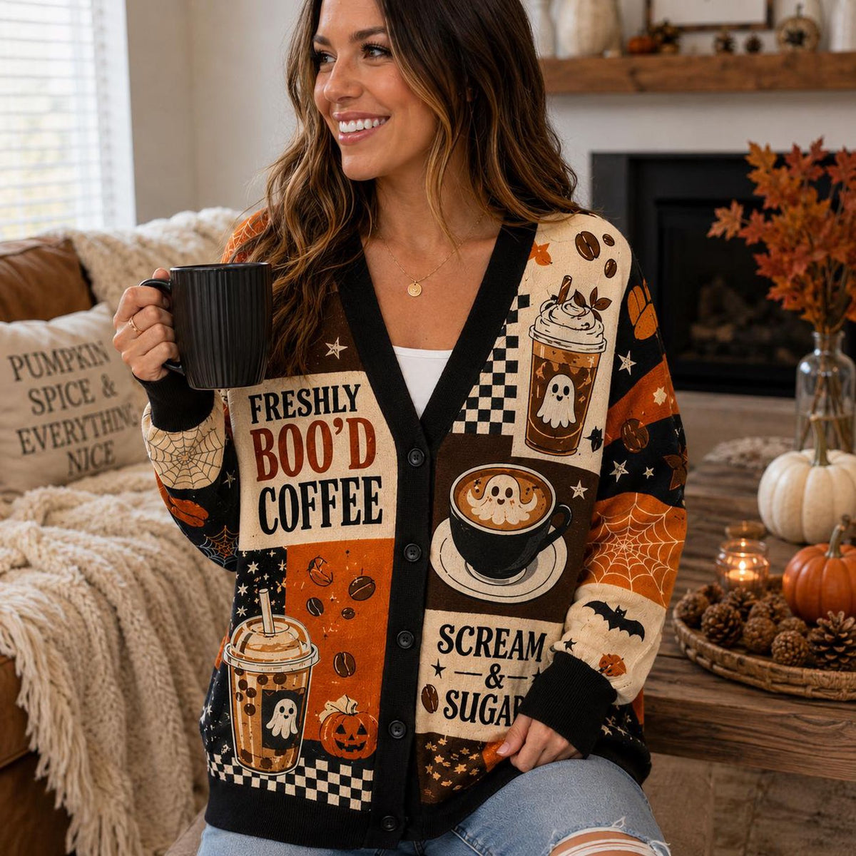 Cardigan Sweater Knit Spooky Coffee Ghost Halloween Graphic Print Patchwork Orange Black