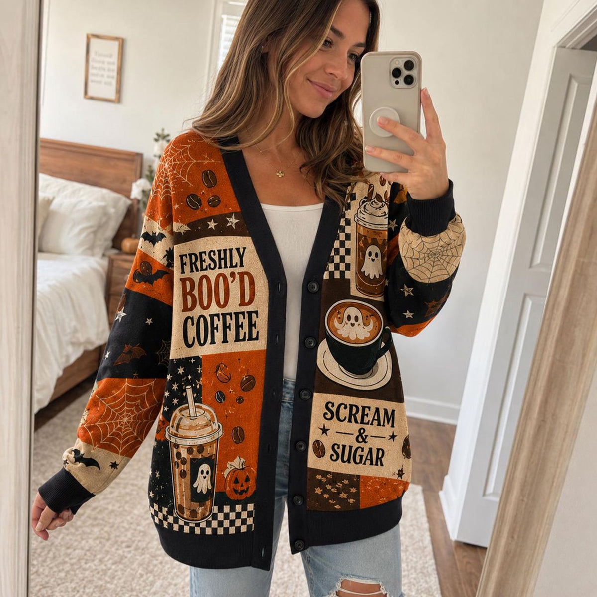 Cardigan Sweater Knit Spooky Coffee Ghost Halloween Graphic Print Patchwork Orange Black