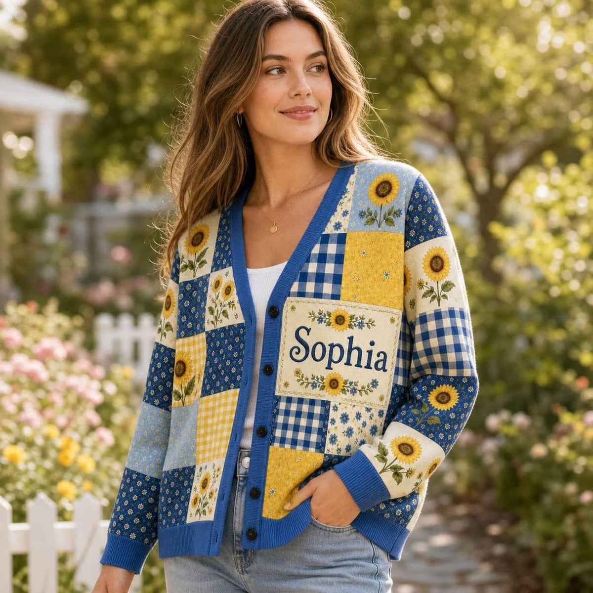 Cardigan Sweater Patchwork Sunflower Gingham V Neck Button Down Blue Yellow Floral Country