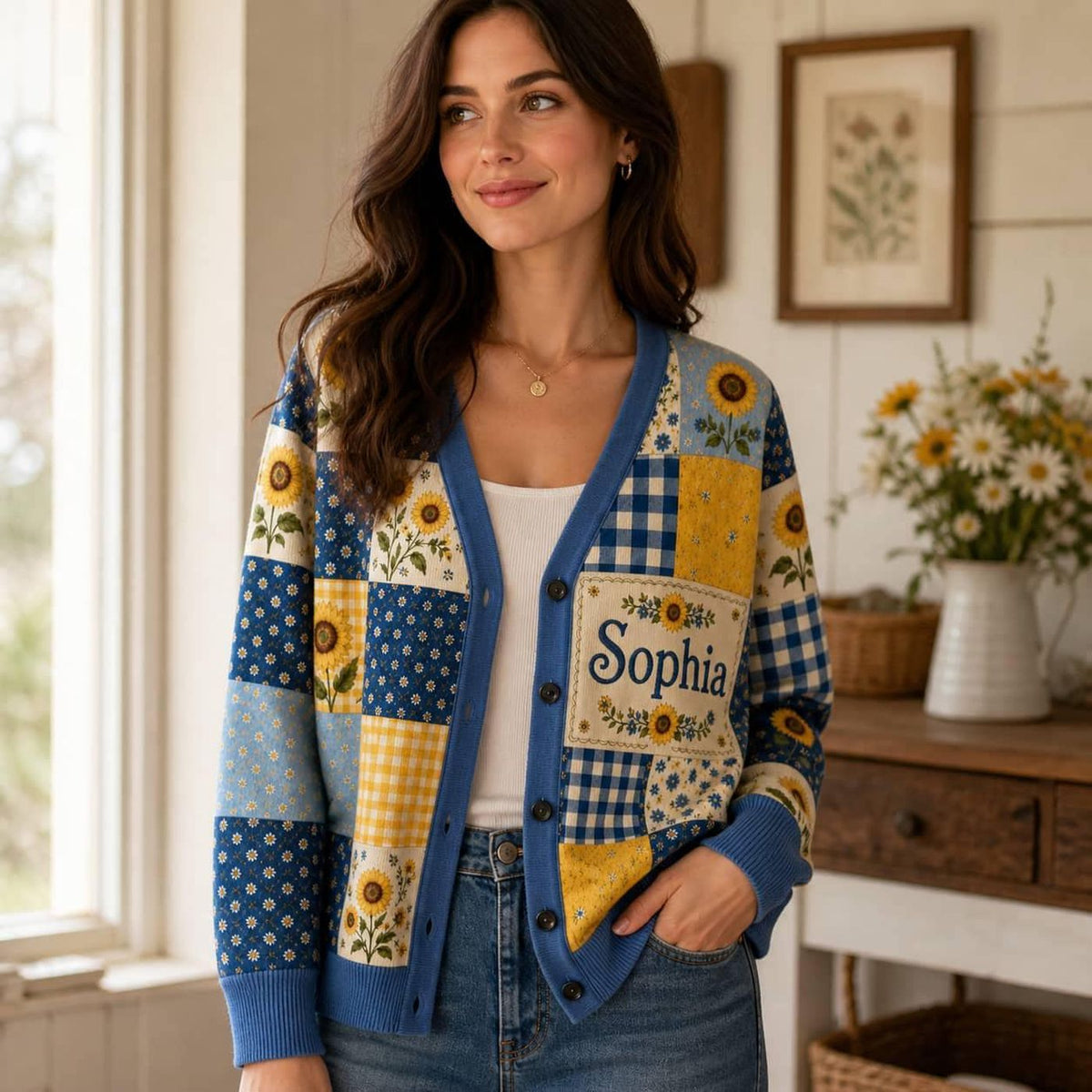 Cardigan Sweater Patchwork Sunflower Gingham V Neck Button Down Blue Yellow Floral Country