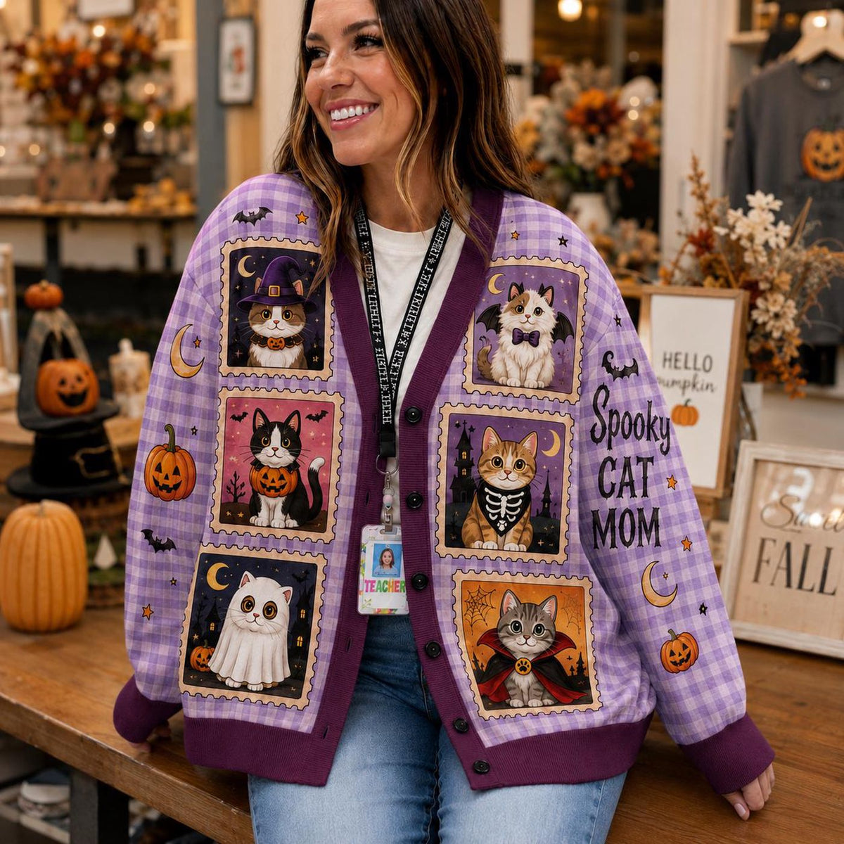 Cardigan Sweater Plaid Knit Spooky Pet Mom Graphic Halloween Print