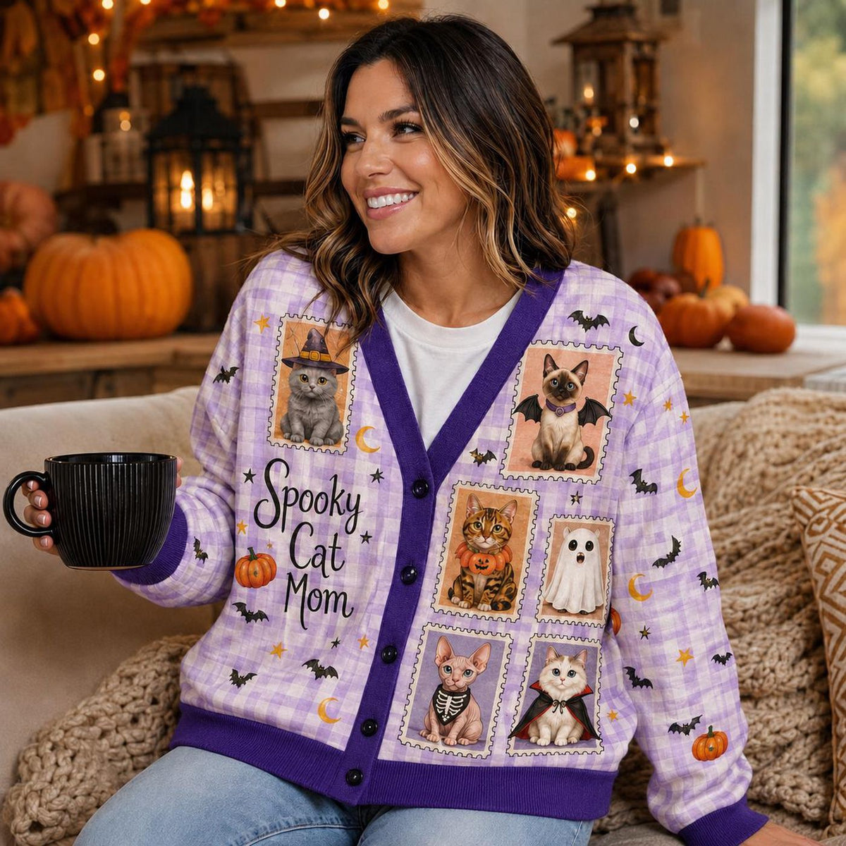 Cardigan Sweater Plaid Knit Spooky Pet Mom Graphic Halloween Print
