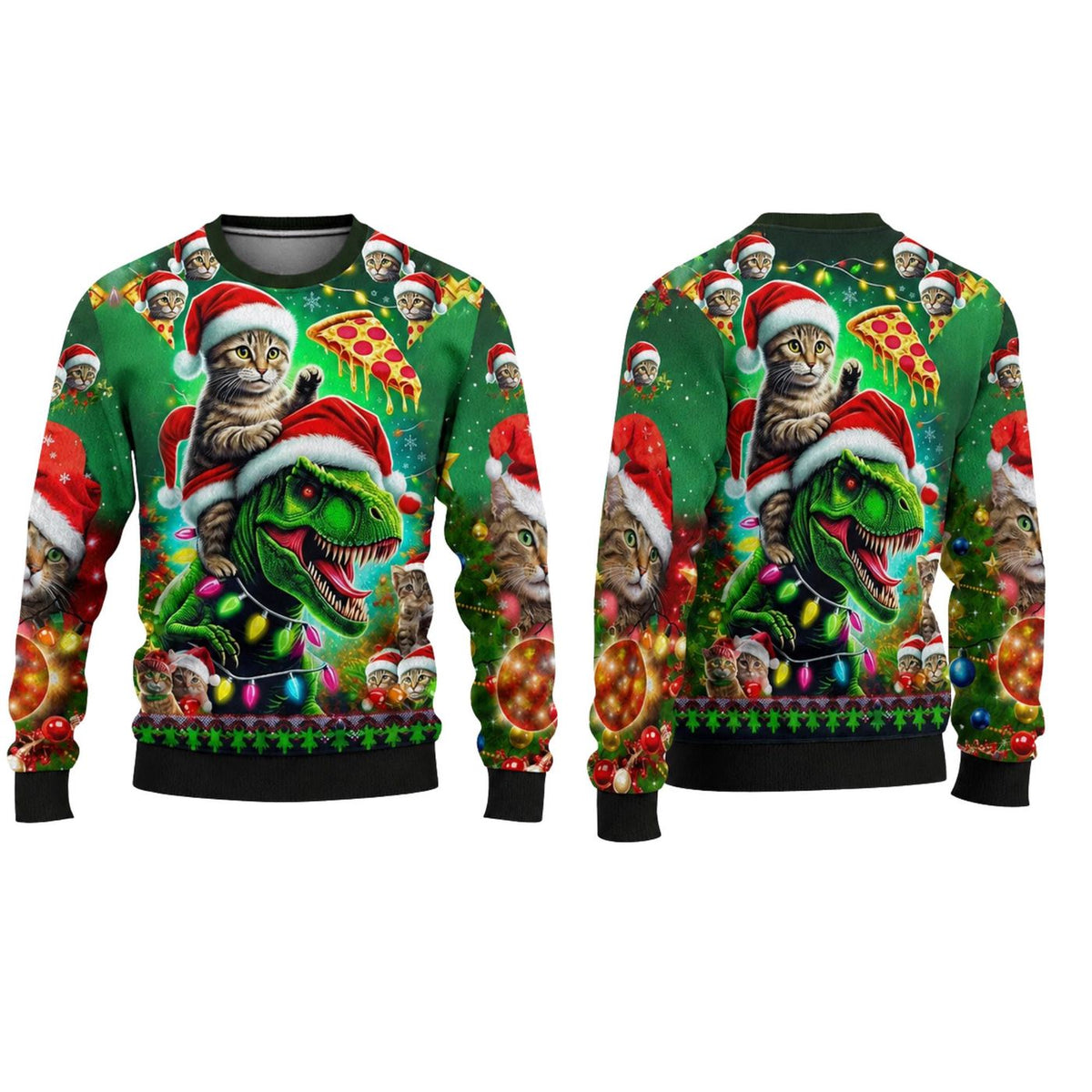 Cat Riding T Rex Christmas Sweater, Funny Pizza Ugly Xmas Jumper, Unisex Holiday Gift