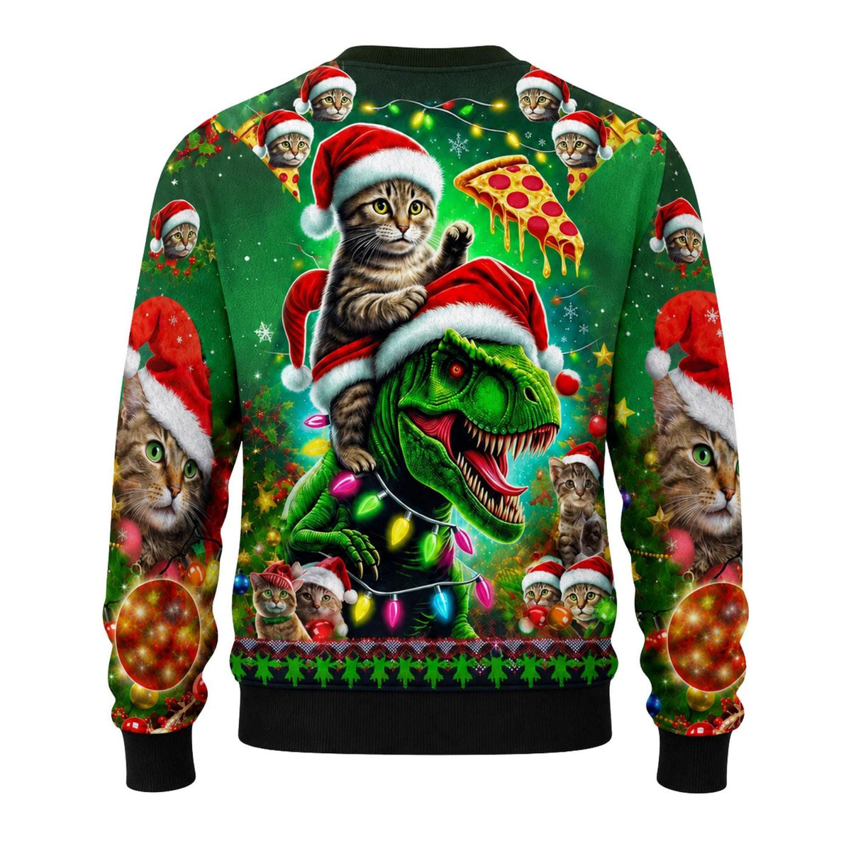 Cat Riding T Rex Christmas Sweater, Funny Pizza Ugly Xmas Jumper, Unisex Holiday Gift