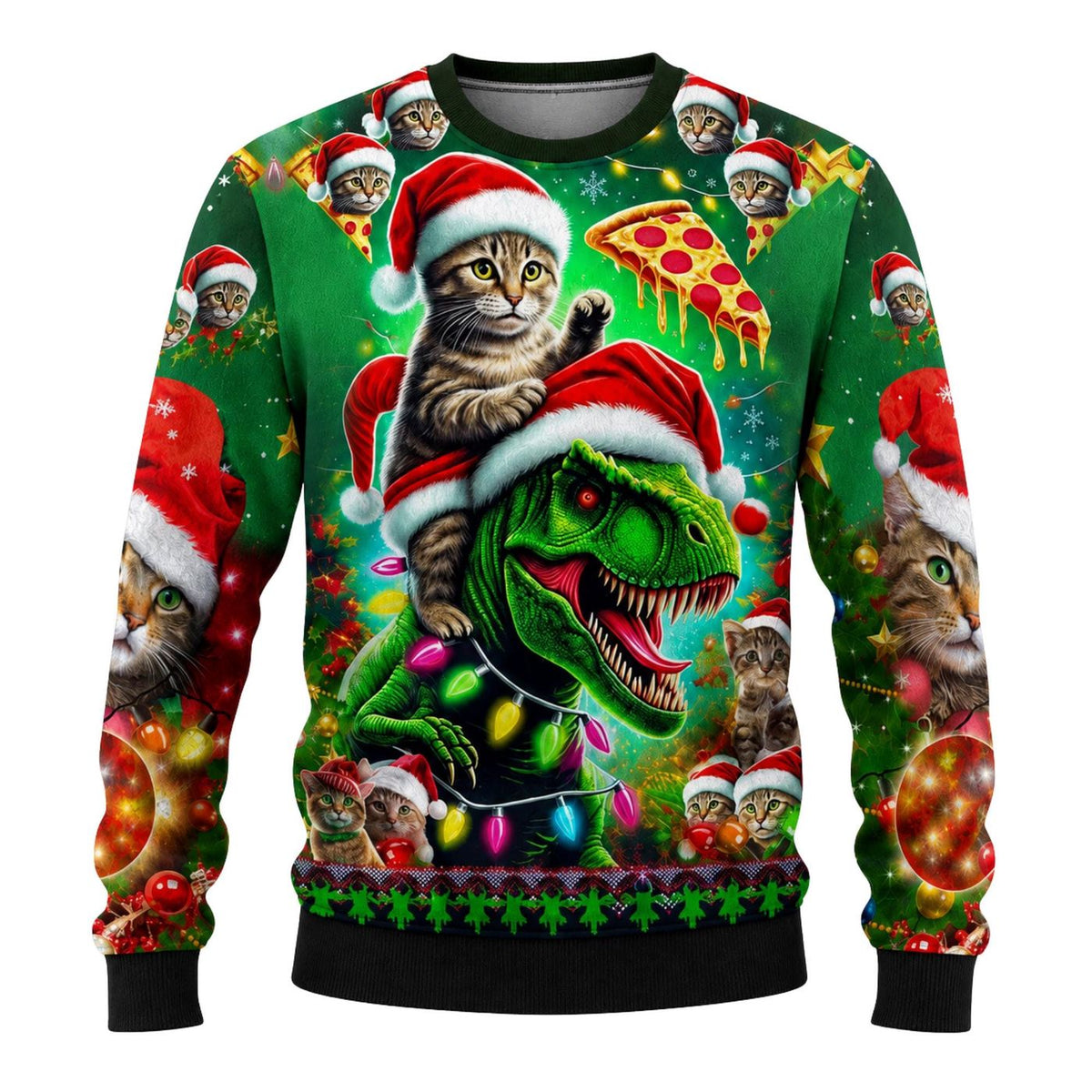 Cat Riding T Rex Christmas Sweater, Funny Pizza Ugly Xmas Jumper, Unisex Holiday Gift