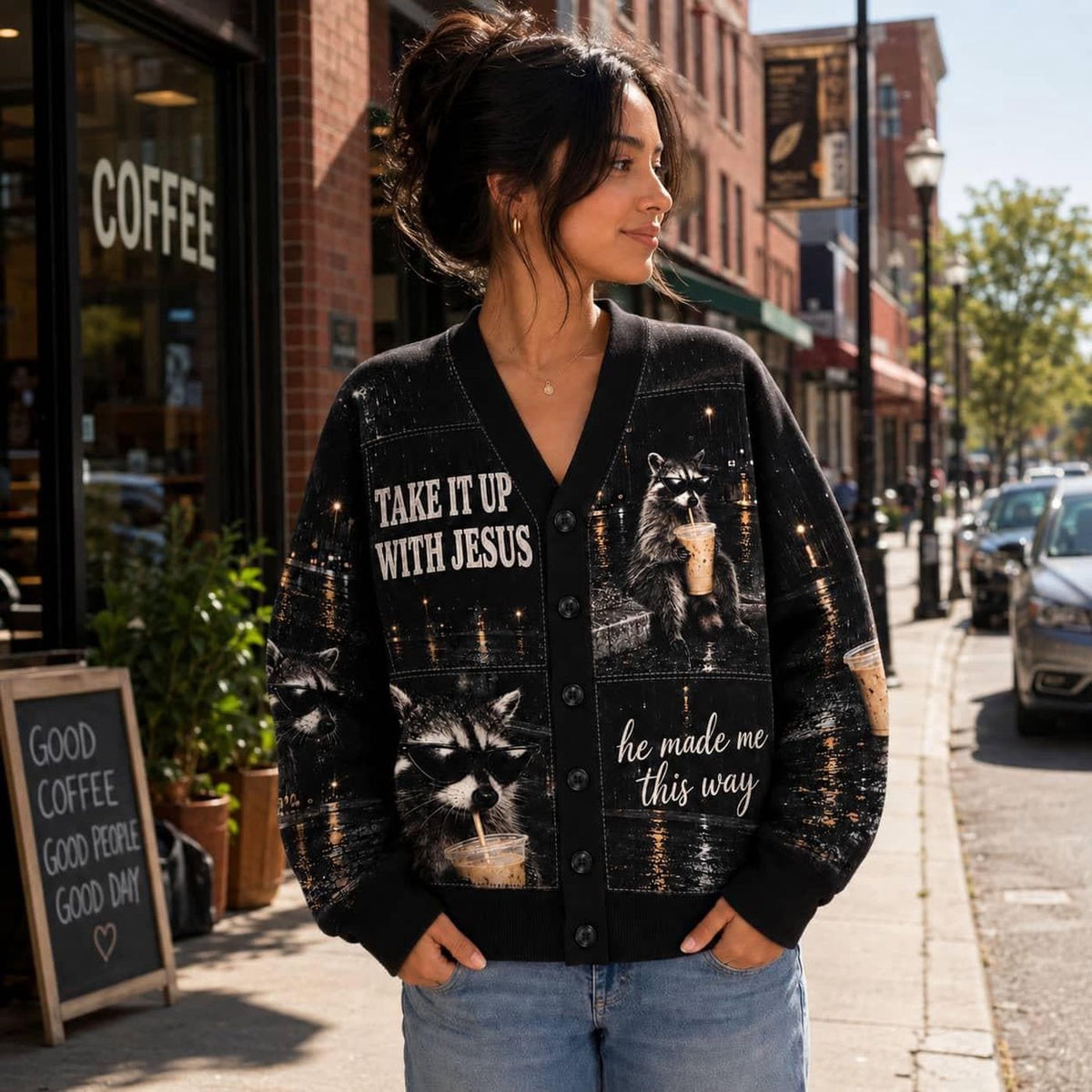 Christian Raccoon Cardigan: Black Coffee Graphic Knit Sweater