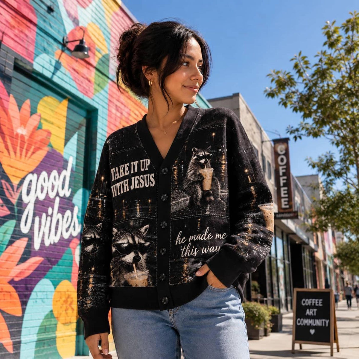 Christian Raccoon Cardigan: Black Coffee Graphic Knit Sweater