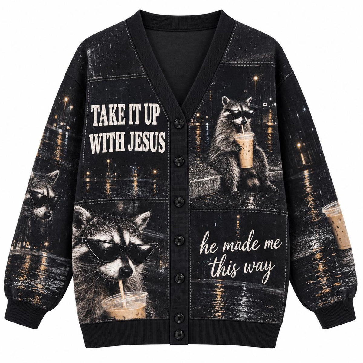 Christian Raccoon Cardigan: Black Coffee Graphic Knit Sweater
