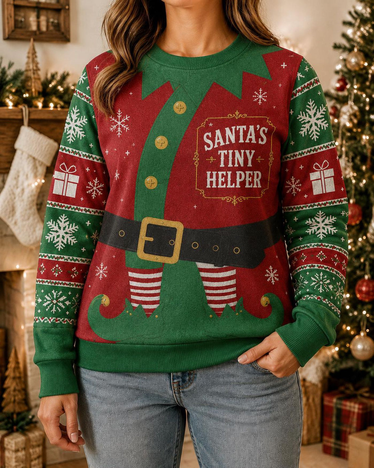 Christmas Elf Costume Ugly Sweater, Funny Red Green Holiday Sweatshirt, Festive Santa Workshop Party Pullover