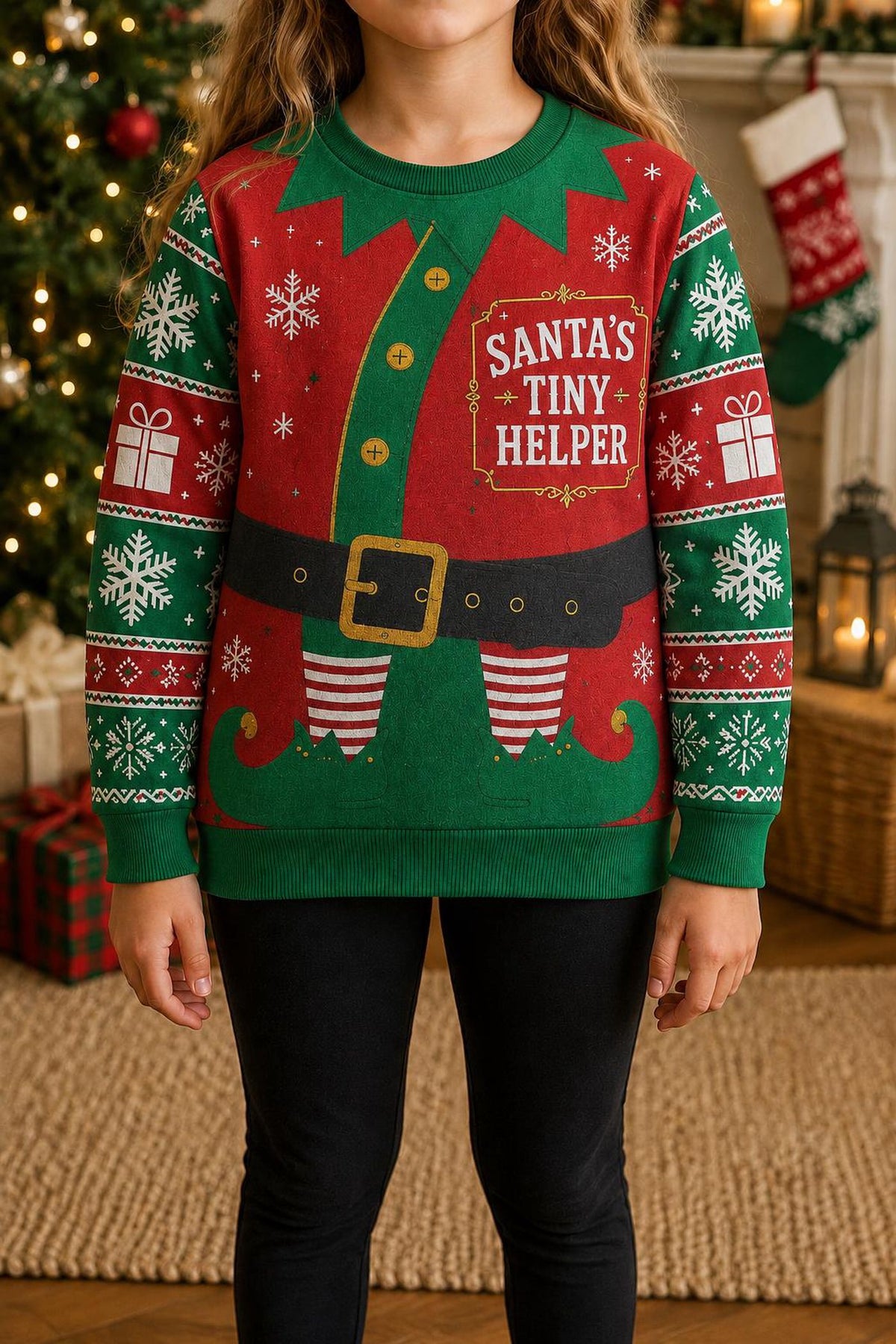 Christmas Elf Costume Ugly Sweater, Funny Red Green Holiday Sweatshirt, Festive Santa Workshop Party Pullover