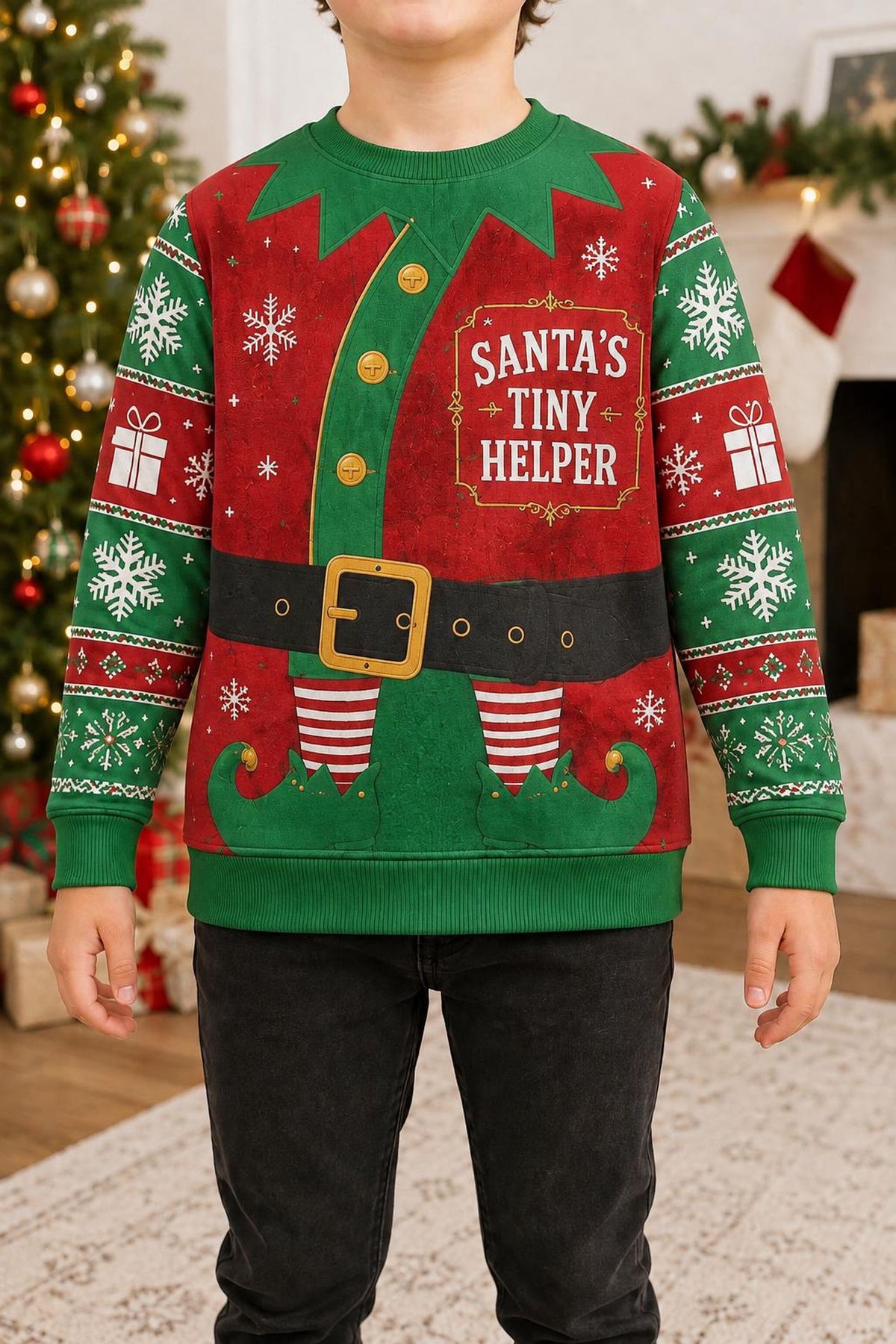 Christmas Elf Costume Ugly Sweater, Funny Red Green Holiday Sweatshirt, Festive Santa Workshop Party Pullover