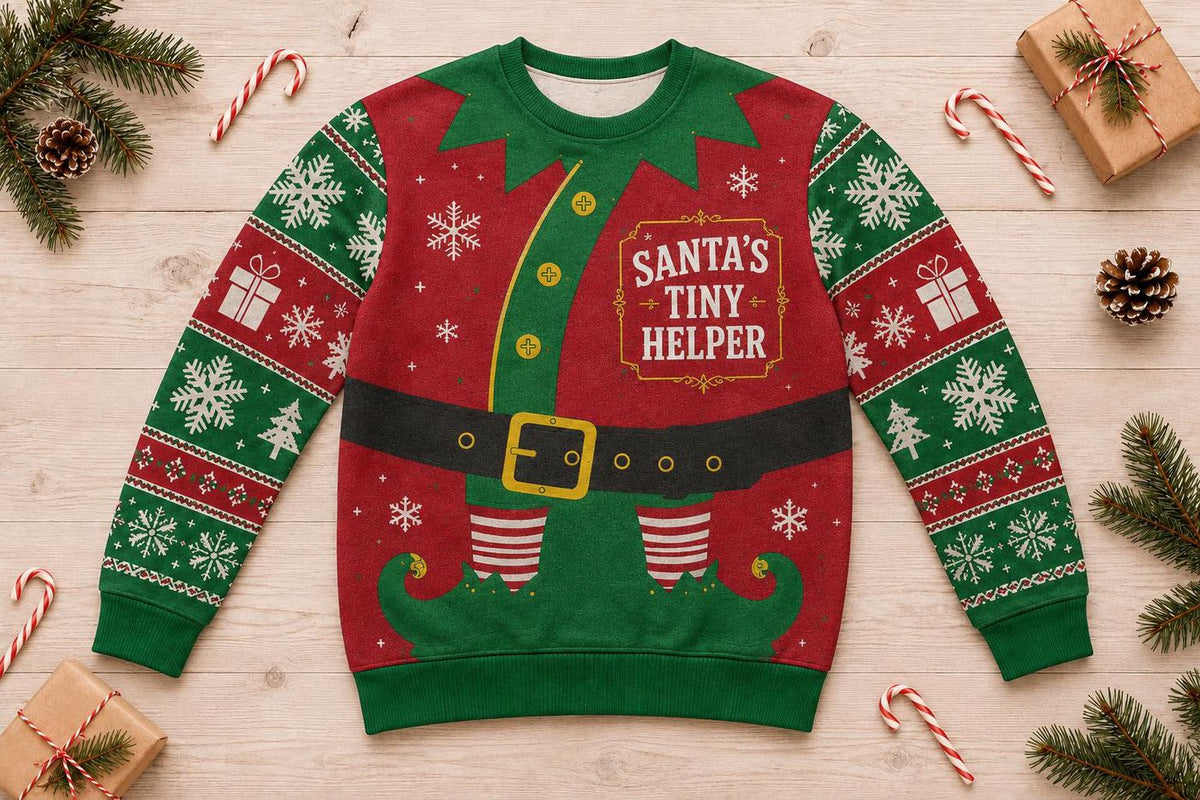 Christmas Elf Costume Ugly Sweater, Funny Red Green Holiday Sweatshirt, Festive Santa Workshop Party Pullover