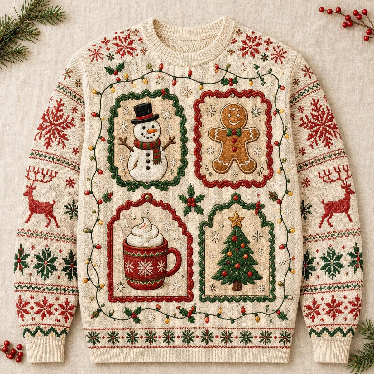 Christmas Patchwork Ugly Sweater, Snowman Gingerbread and Hot Cocoa Holiday Sweatshirt, Vintage Festive Pullover