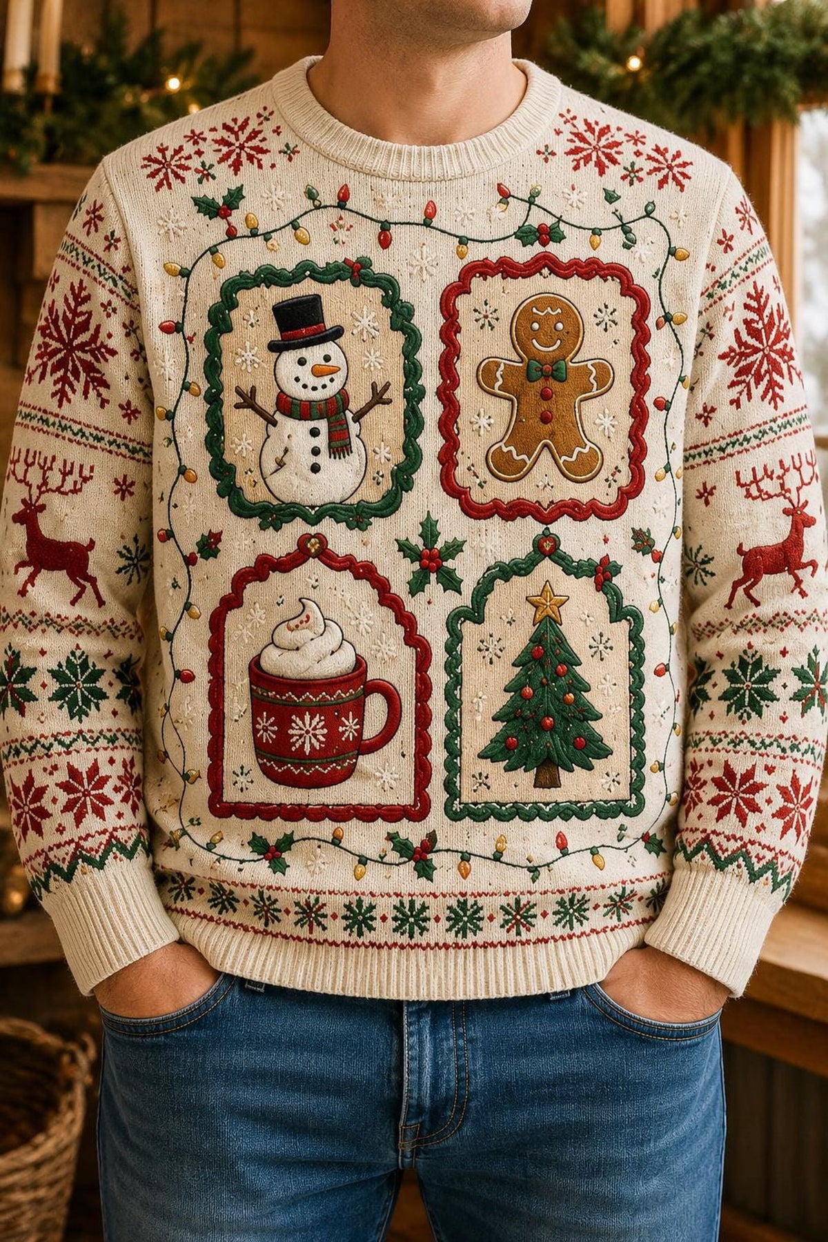 Christmas Patchwork Ugly Sweater, Snowman Gingerbread and Hot Cocoa Holiday Sweatshirt, Vintage Festive Pullover
