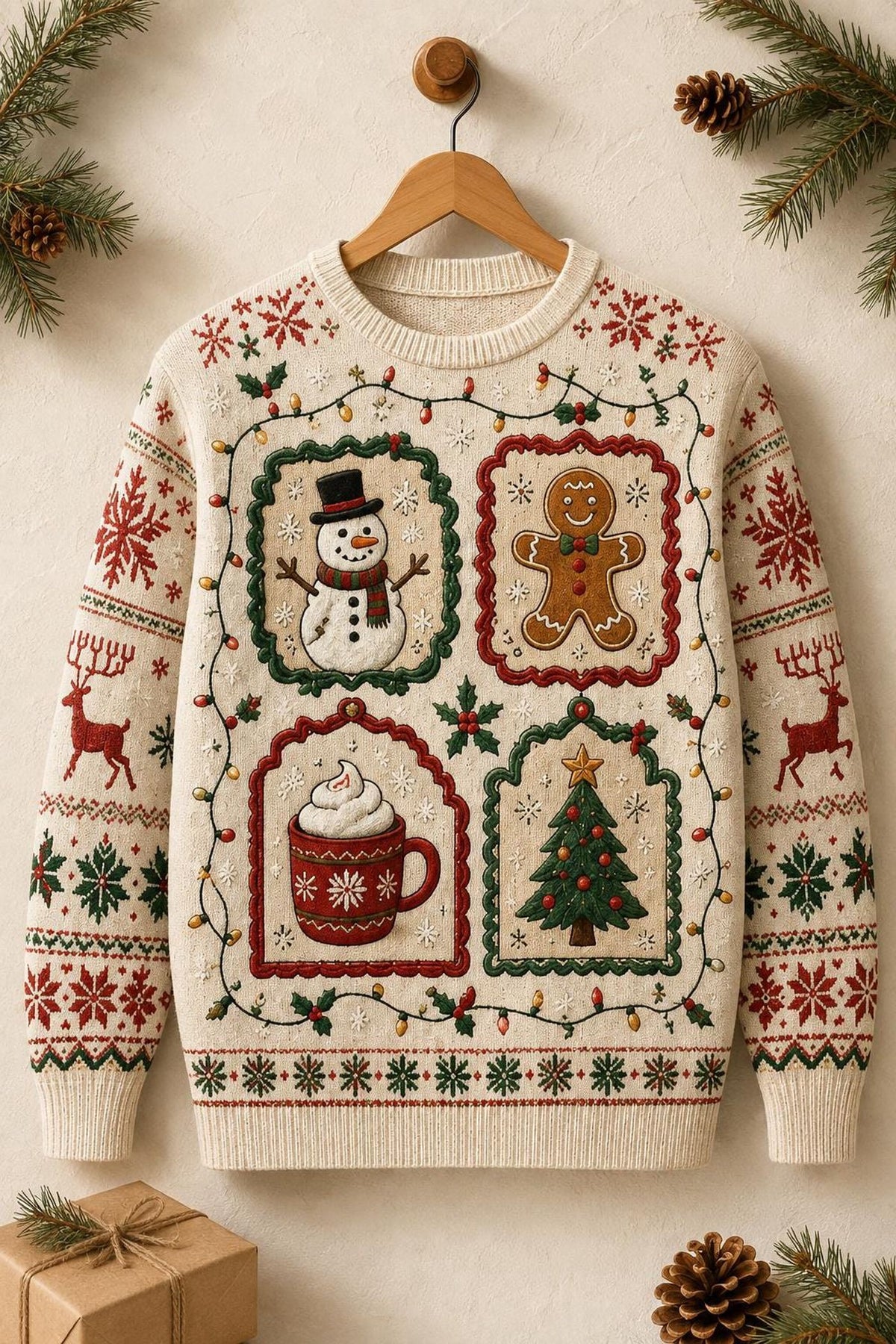 Christmas Patchwork Ugly Sweater, Snowman Gingerbread and Hot Cocoa Holiday Sweatshirt, Vintage Festive Pullover