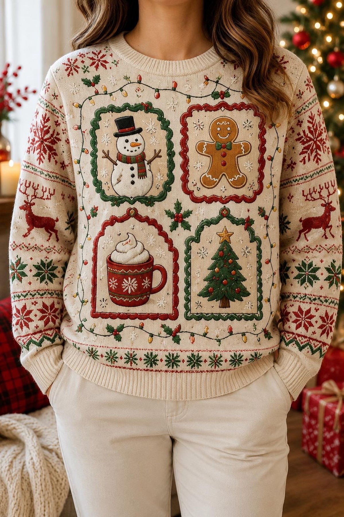 Christmas Patchwork Ugly Sweater, Snowman Gingerbread and Hot Cocoa Holiday Sweatshirt, Vintage Festive Pullover