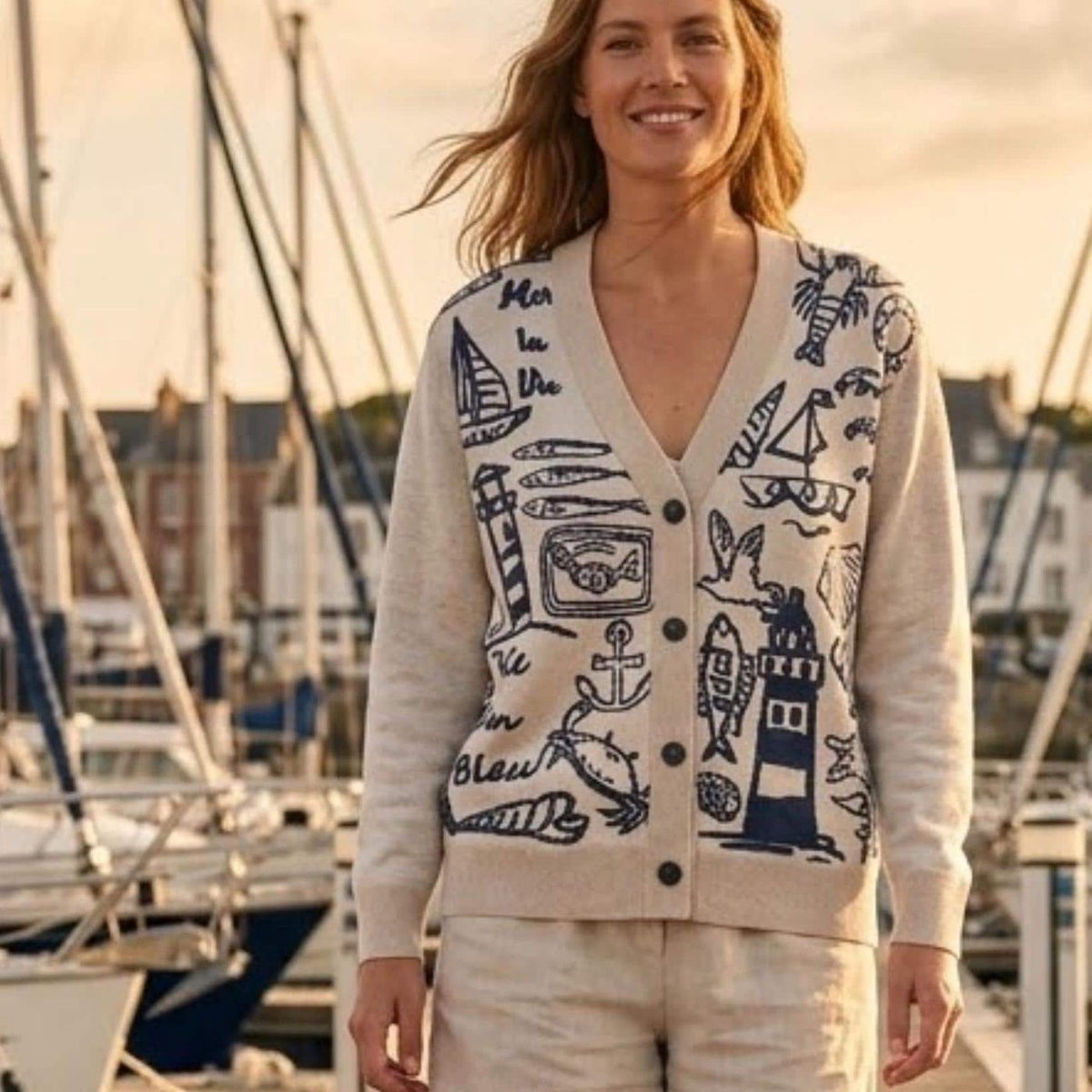 Coastal Doodle Knit Cardigan Beach House Sweater Natural Cotton Blend Nautical Design Lighthouse Lobster Anchor Starfish Gift for Her