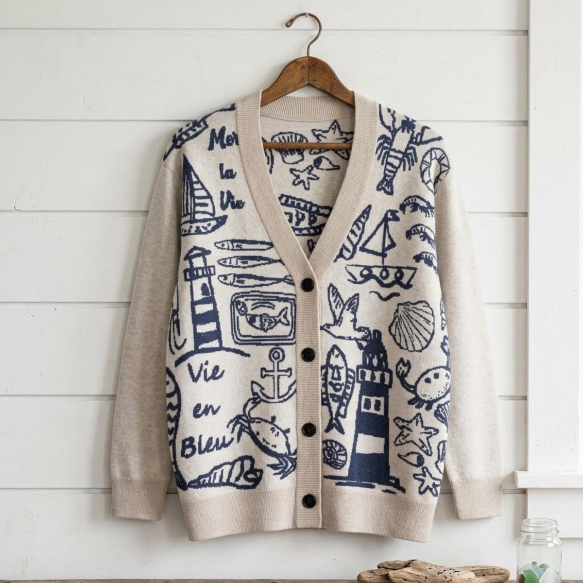 Coastal Doodle Knit Cardigan Beach House Sweater Natural Cotton Blend Nautical Design Lighthouse Lobster Anchor Starfish Gift for Her