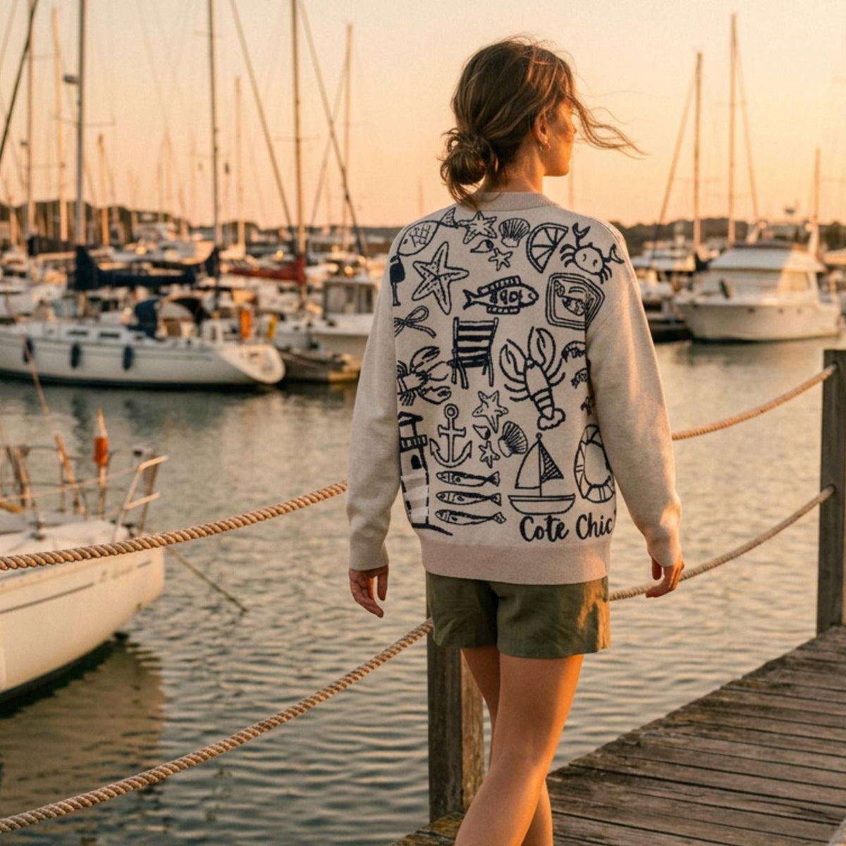 Coastal Doodle Knit Cardigan Beach House Sweater Natural Cotton Blend Nautical Design Lighthouse Lobster Anchor Starfish Gift for Her