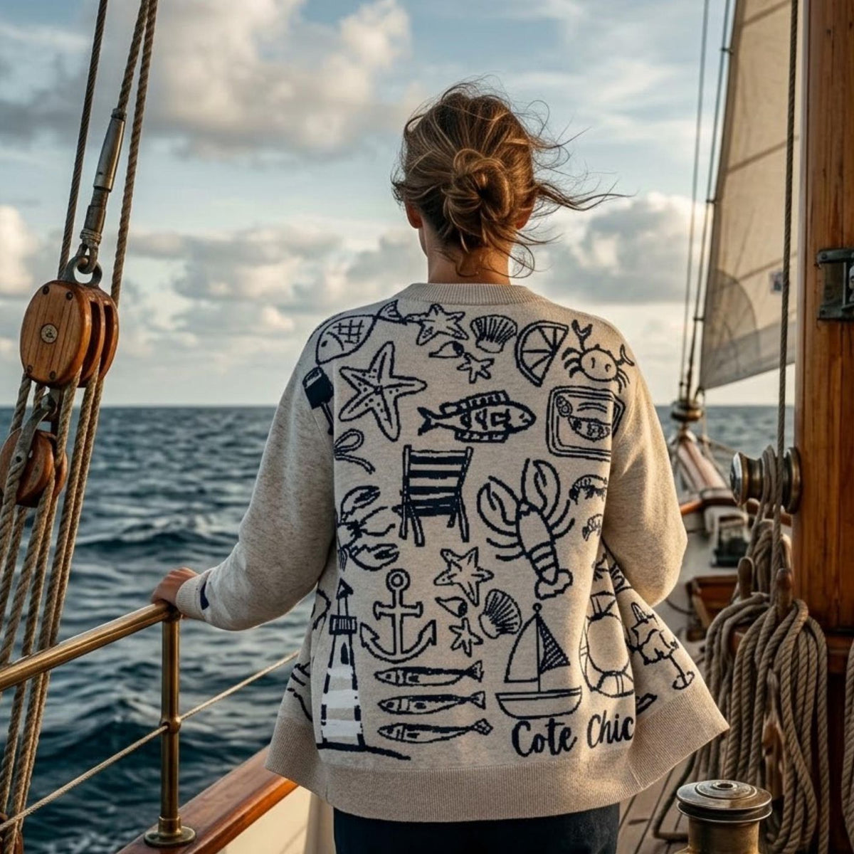 Coastal Doodle Knit Cardigan Beach House Sweater Natural Cotton Blend Nautical Design Lighthouse Lobster Anchor Starfish Gift for Her