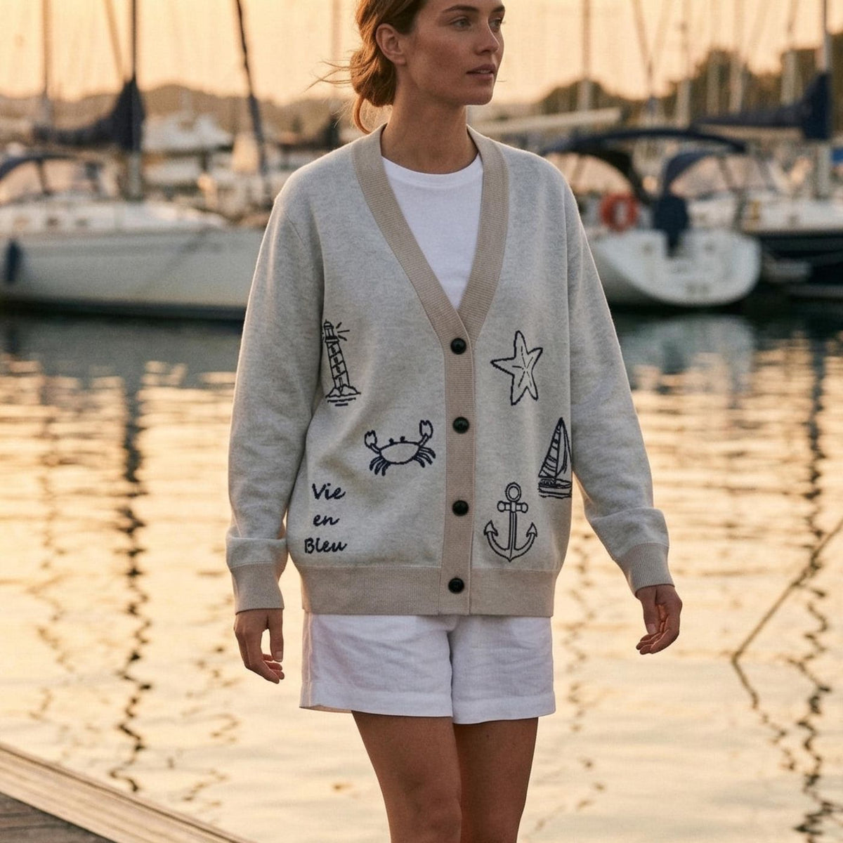 Coastal Knit Cardigan Natural Nautical Sweater Beach Vacation Outfit Cotton Blend Anchor Crab Starfish Lighthouse Design Gift for Her